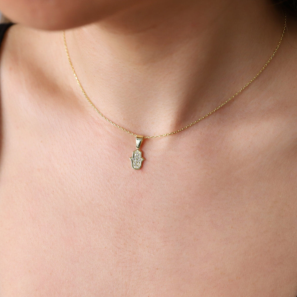 Hamsa Charm Necklace - 14K Gold Hand of Fatima with Pave CZ Diamonds, Dainty Layered Protection Jewelry