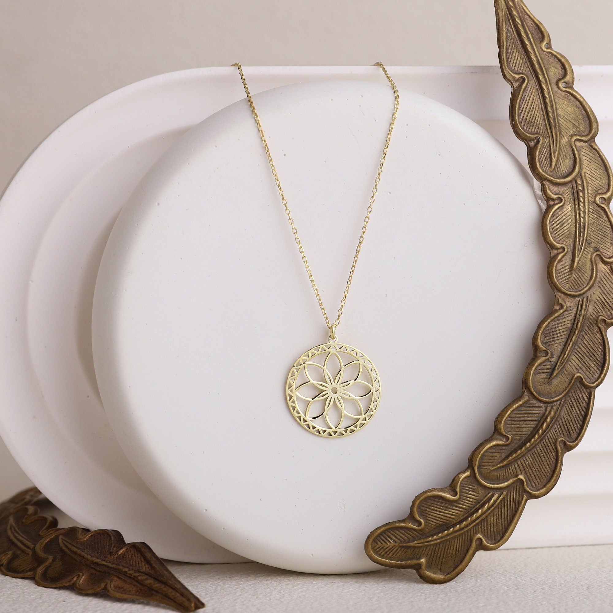 Mandala Necklace - Gold Sacred Geometry Seed of Life - Spiritual Jewelry for Yoga Lovers in Sterling Silver, Rose, and Gold