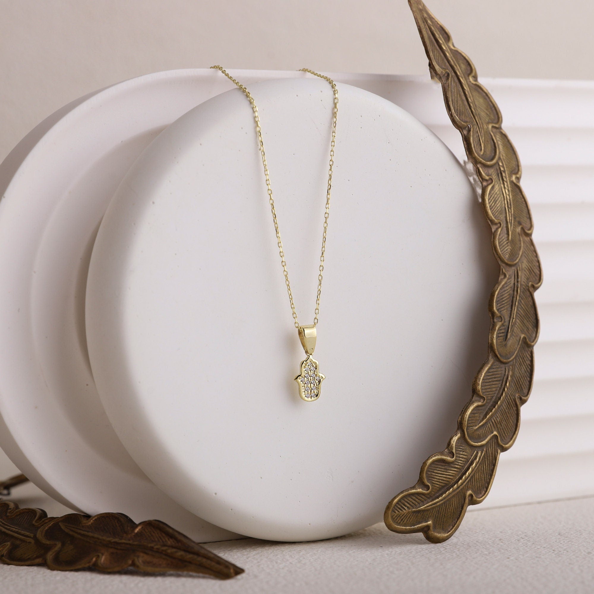 Hamsa Charm Necklace - 14K Gold Hand of Fatima with Pave CZ Diamonds, Dainty Layered Protection Jewelry