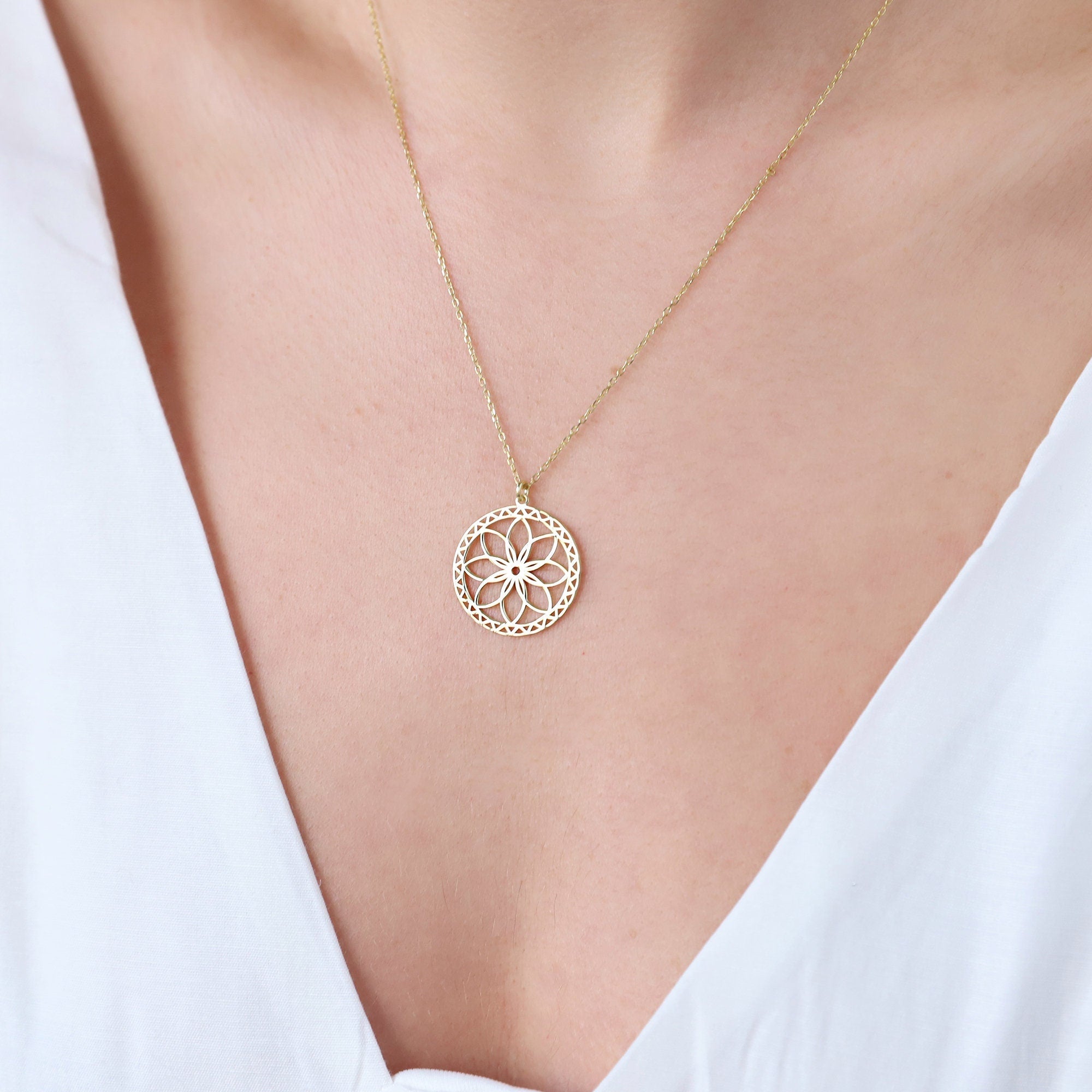 Mandala Necklace - Gold Sacred Geometry Seed of Life - Spiritual Jewelry for Yoga Lovers in Sterling Silver, Rose, and Gold
