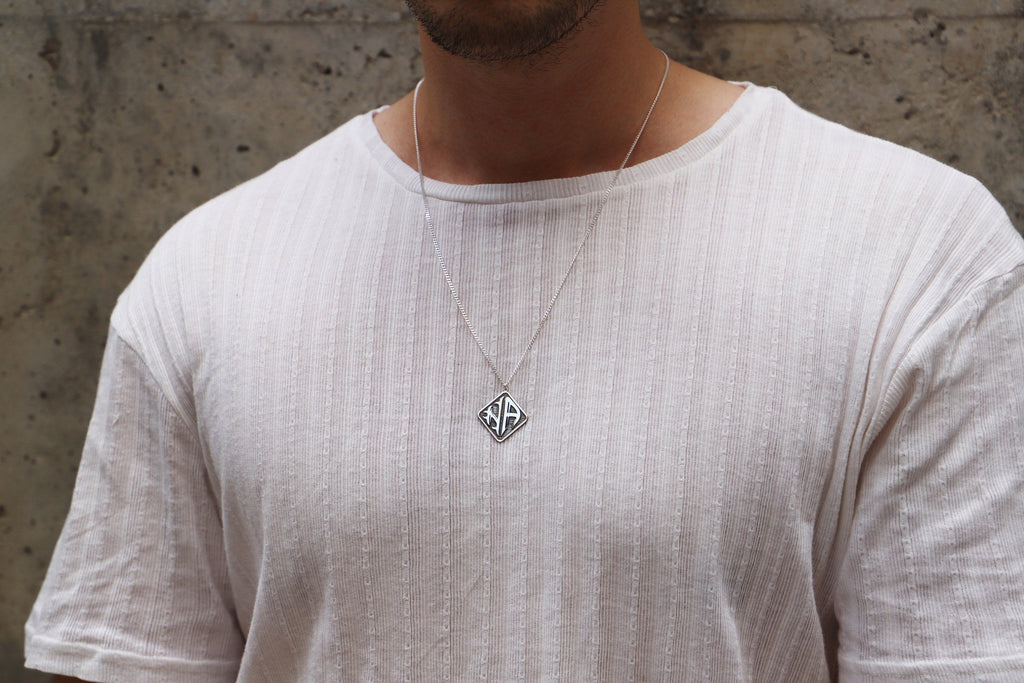 Custom Silver Two Initial Monogram Necklace for Men with Curb Chain