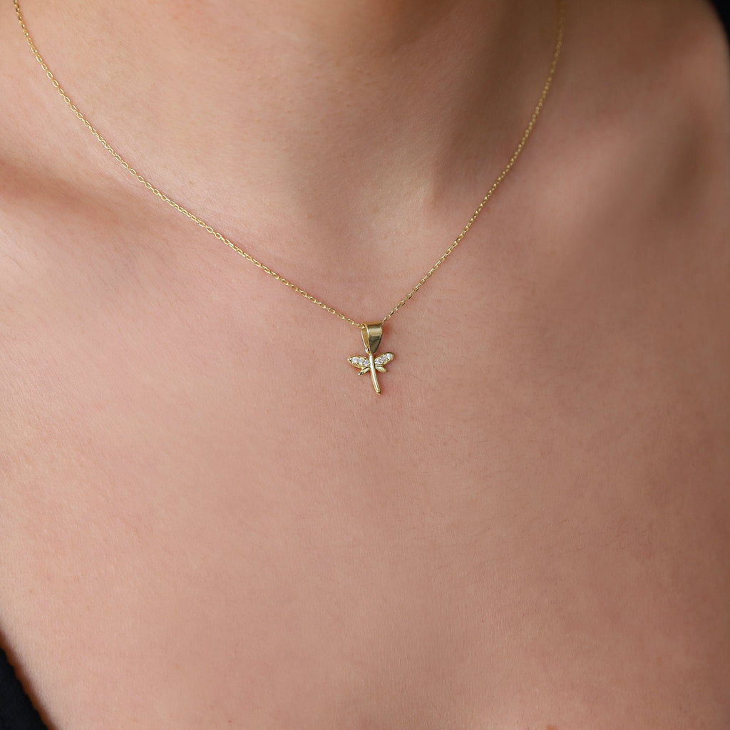 Dainty Gold Dragonfly Necklace | Minimalist 14K CZ Pendant | Elegant Gift for Her