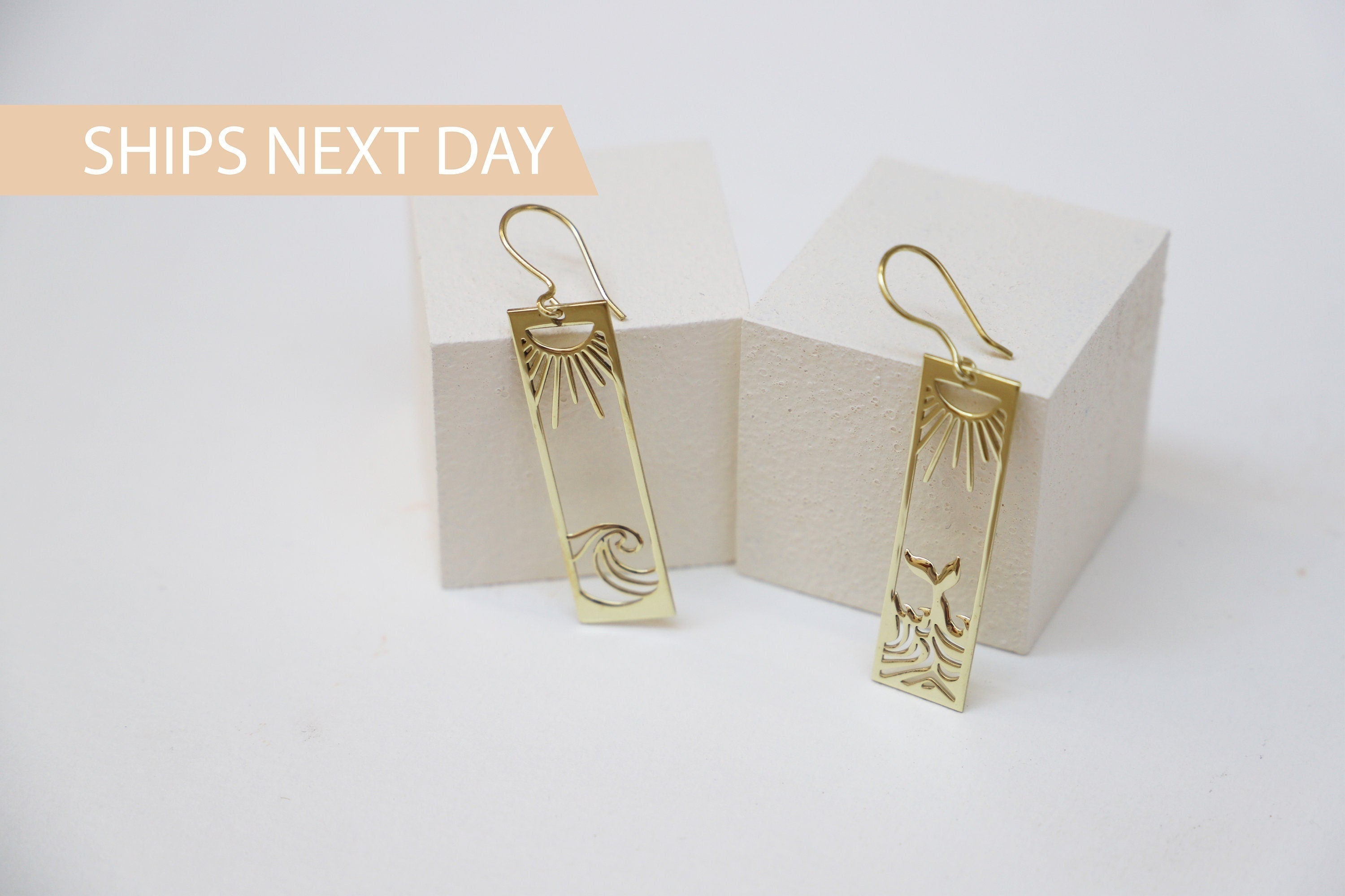 Sunshine Co. Sunrise Wave Dangle Earrings - Gold Boho Rectangle Drops for Women