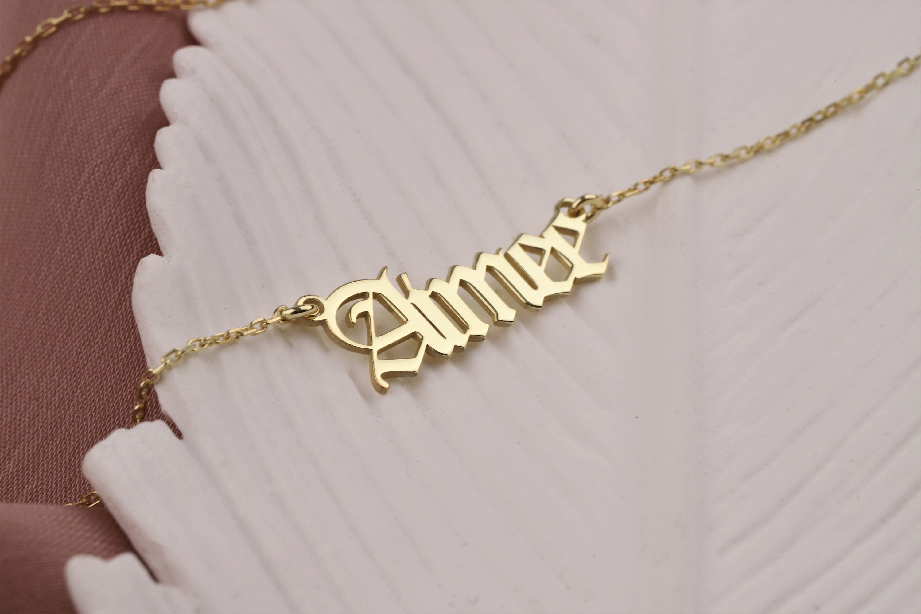 GoldGlow Personalized 14k Gold Old English Name Necklace - Custom Gothic Style Gift