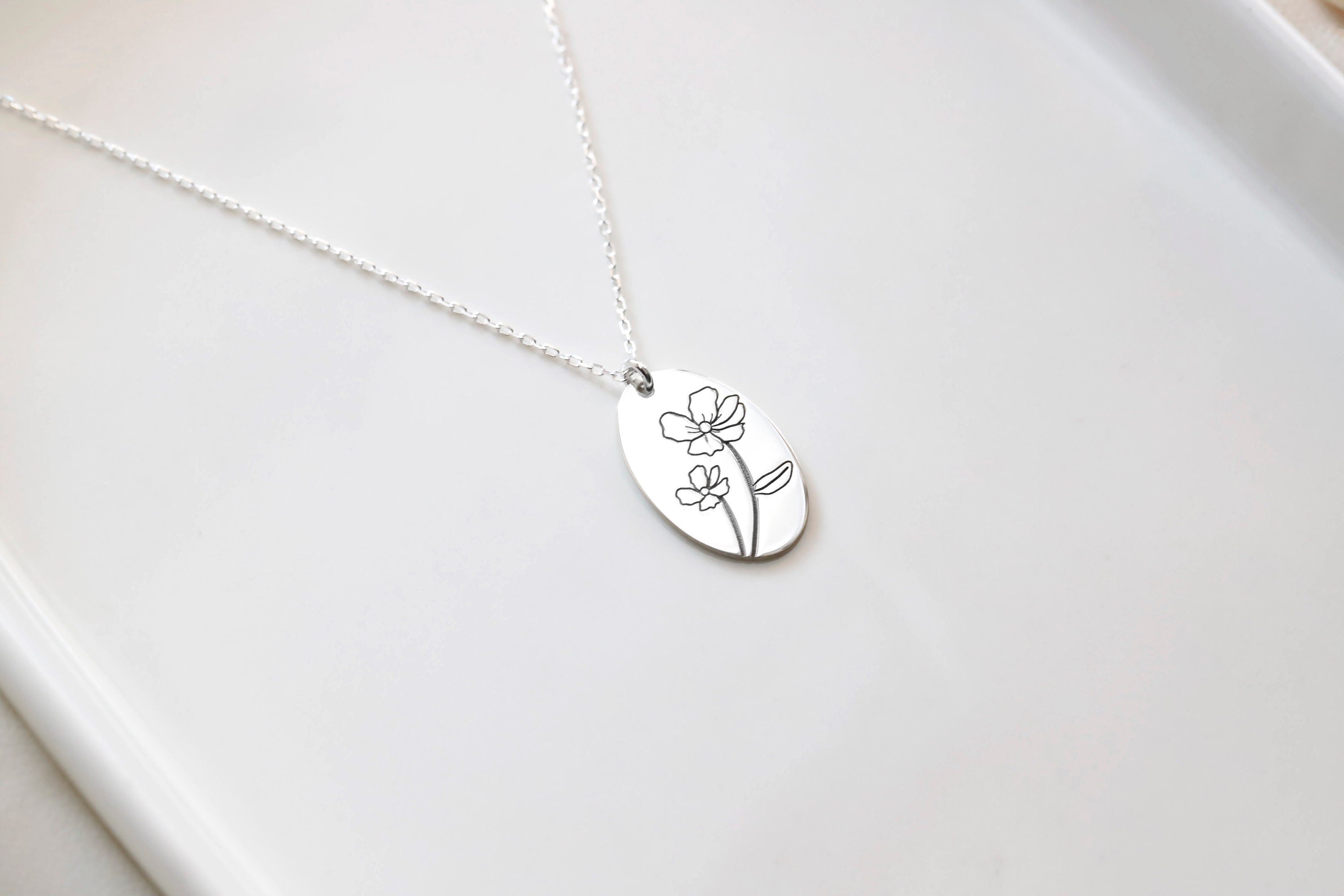 Silver Birth Flower Necklace | Handwritten Engraving | Minimalist Floral Jewelry for Women