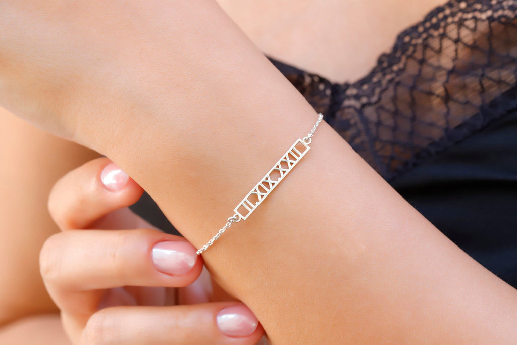 Elysian Jewelry Custom Bar Bracelet with Roman Numerals for Personalized Special Dates