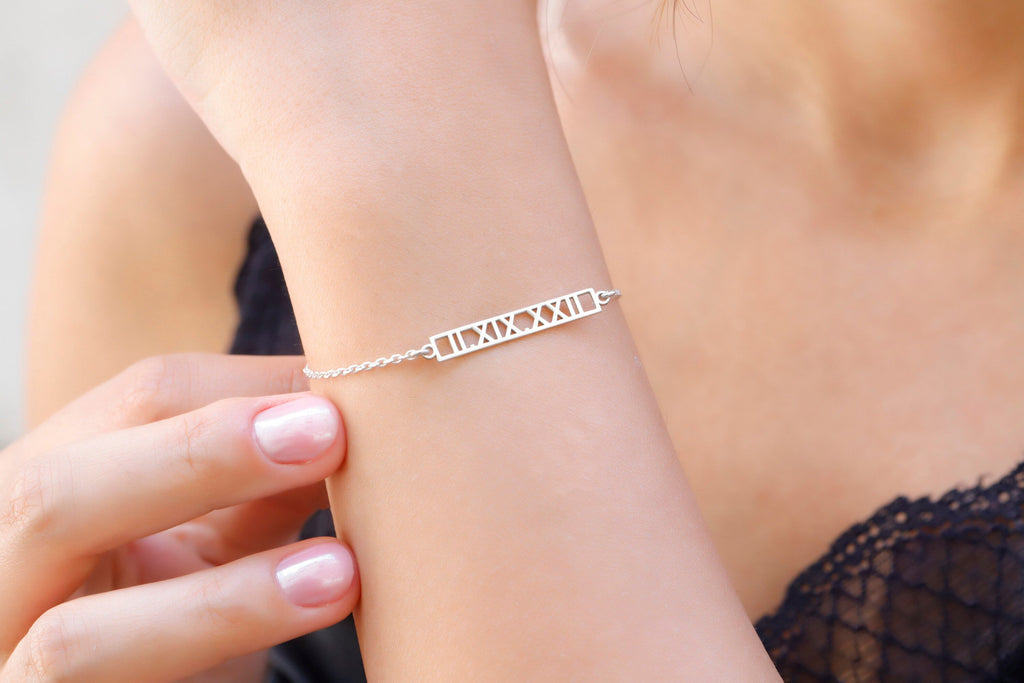 Elysian Jewelry Custom Bar Bracelet with Roman Numerals for Personalized Special Dates
