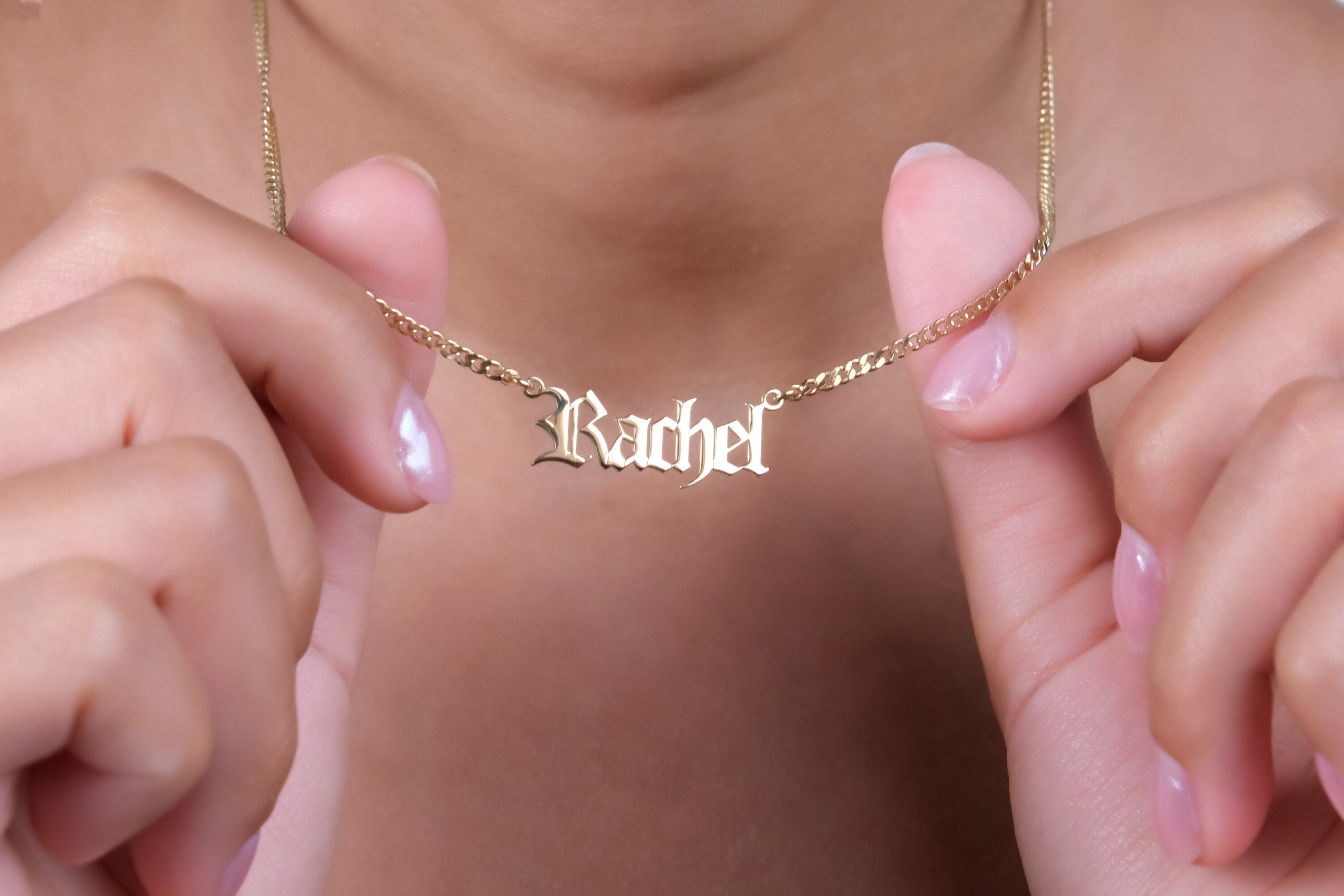 Gothic Old English Name Necklace with Curb Chain in 925 Sterling Silver