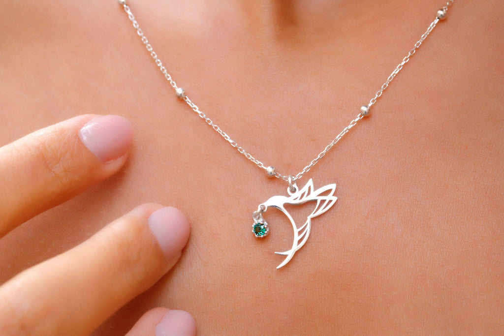 SilverGoldandRose Hummingbird Birthstone Necklace • Gold Bird Jewelry with Beaded Chain for Good Luck & Love