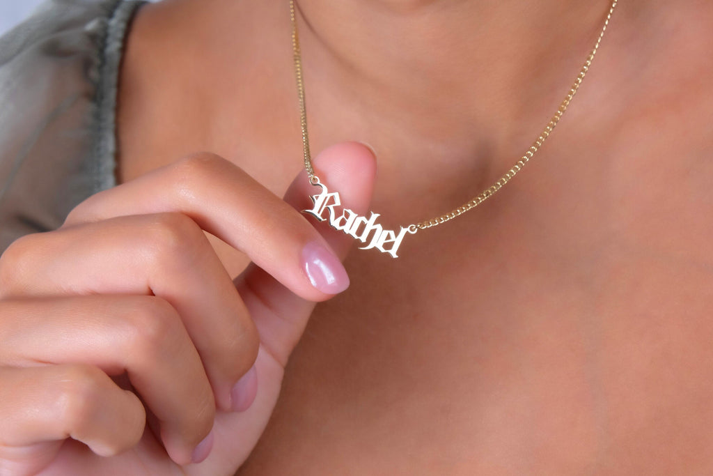 Gothic Old English Name Necklace with Curb Chain in 925 Sterling Silver