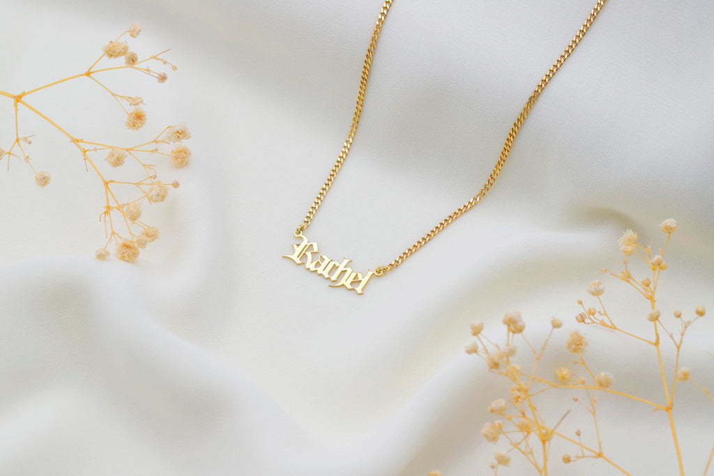 Gothic Old English Name Necklace with Curb Chain in 925 Sterling Silver