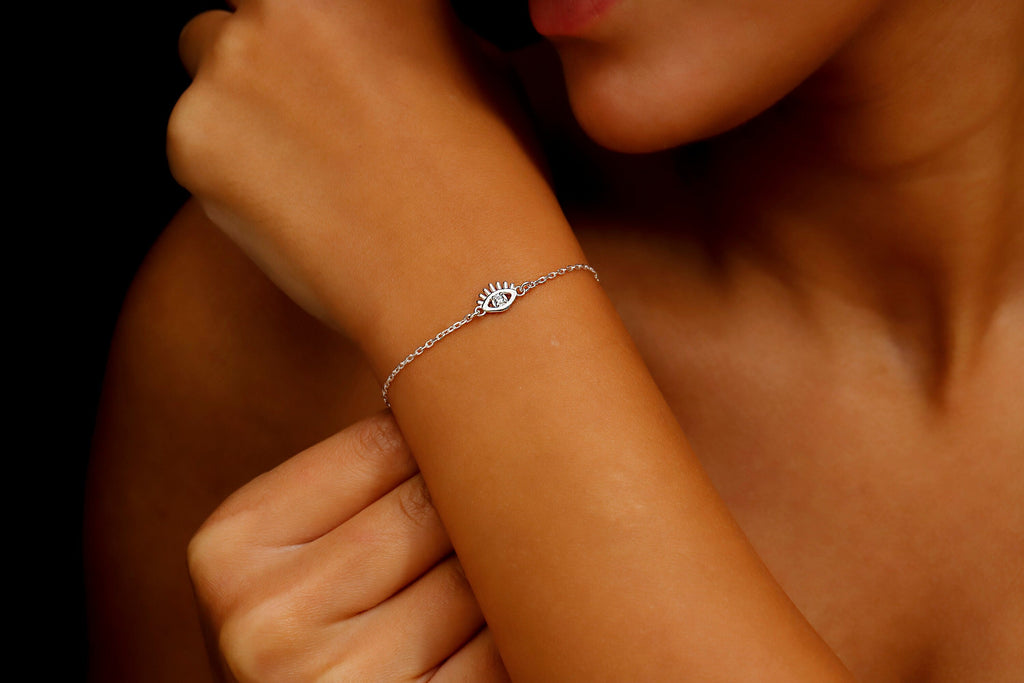 14K Pave Diamond Evil Eye Charm Bracelet | Symbol of Protection &amp; Style