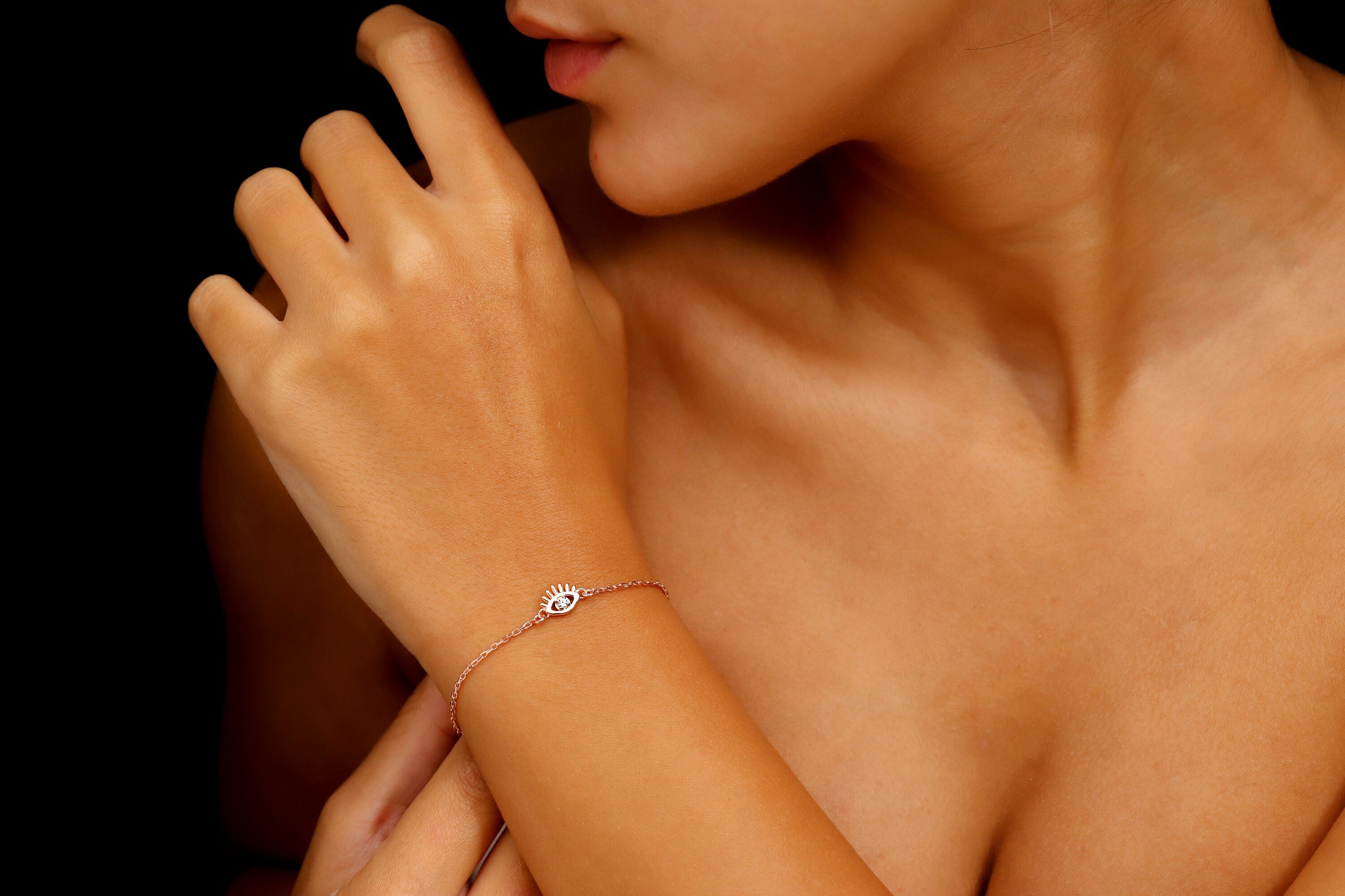 14K Pave Diamond Evil Eye Charm Bracelet | Symbol of Protection &amp; Style