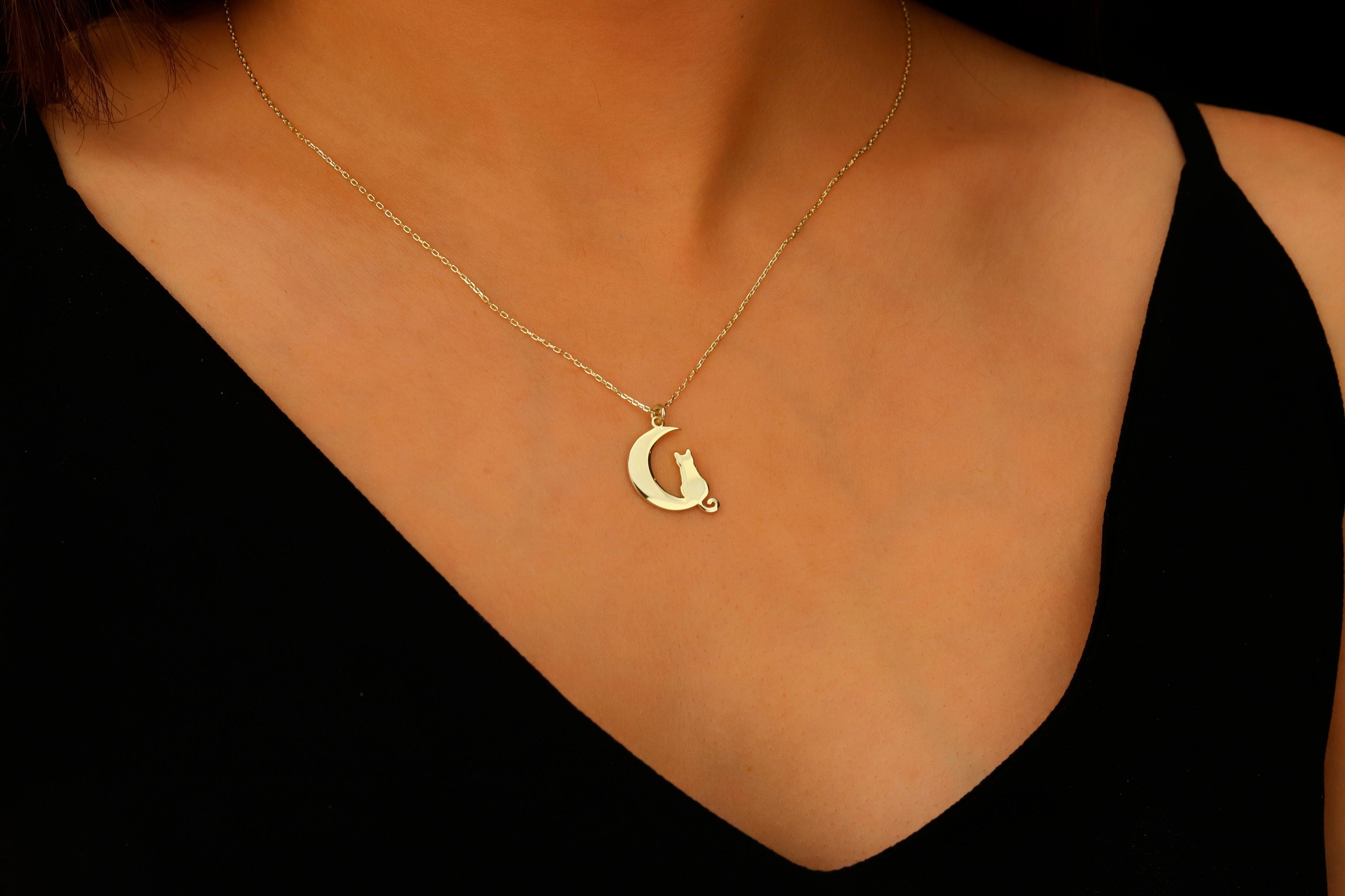 Moonlit Whiskers Sterling Silver Cat on Moon Necklace - Enchanting Celestial Jewelry Gift
