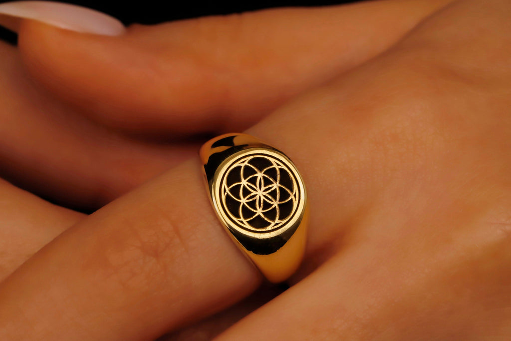 14K Gold Flower of Life Signet Ring - Stunning Sterling Silver Jewelry