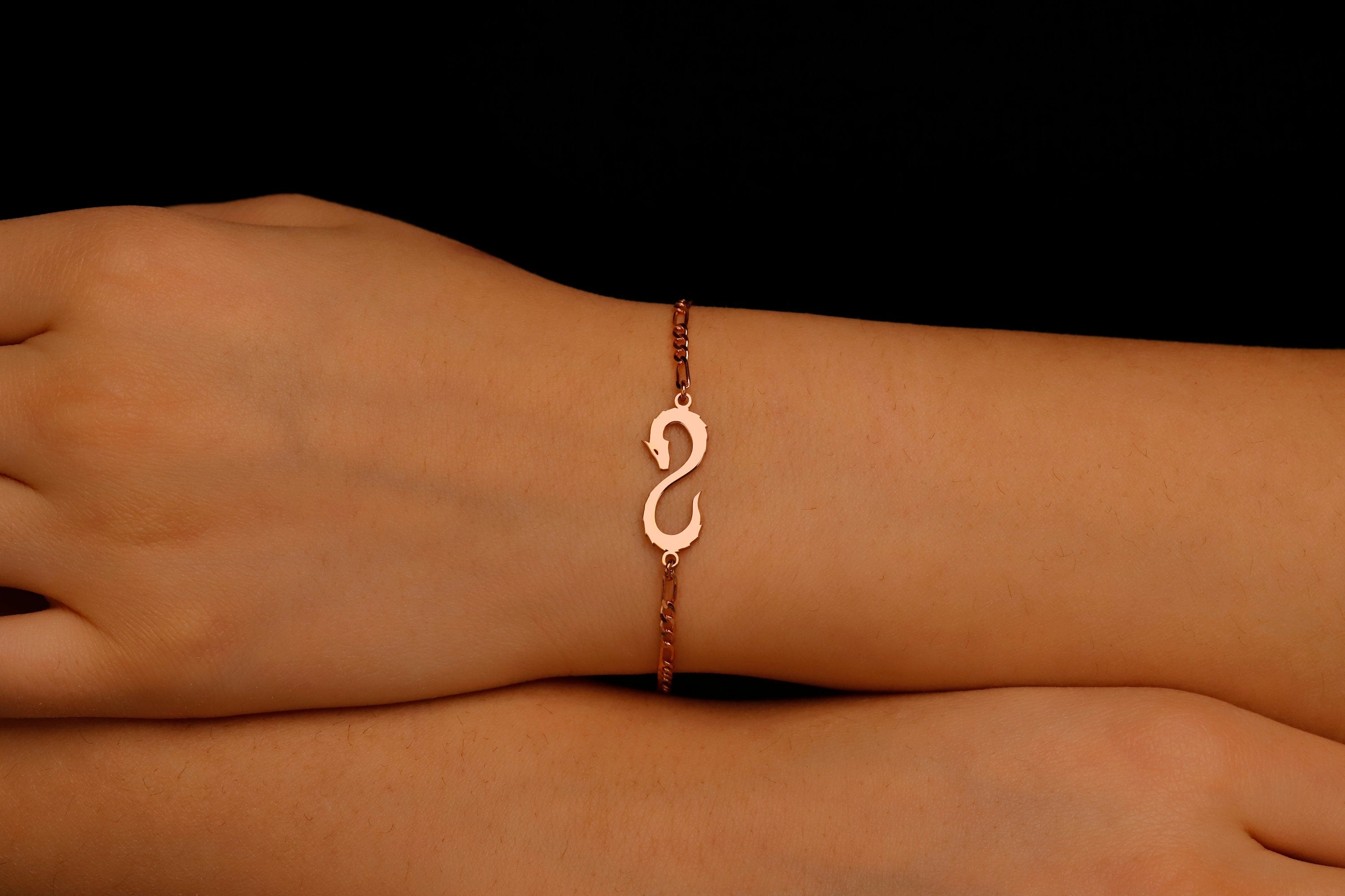 14K Gold Dragon Bracelet - Sterling Silver Figaro Chain, Celebrate Your Zodiac Spirit