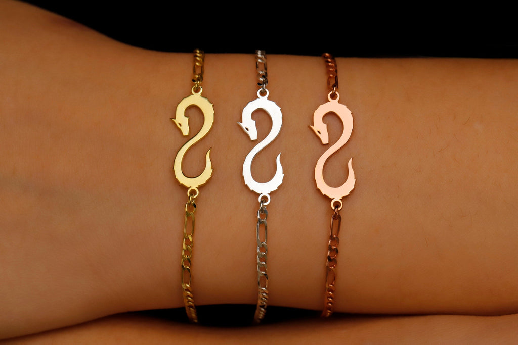 14K Gold Dragon Bracelet - Sterling Silver Figaro Chain, Celebrate Your Zodiac Spirit