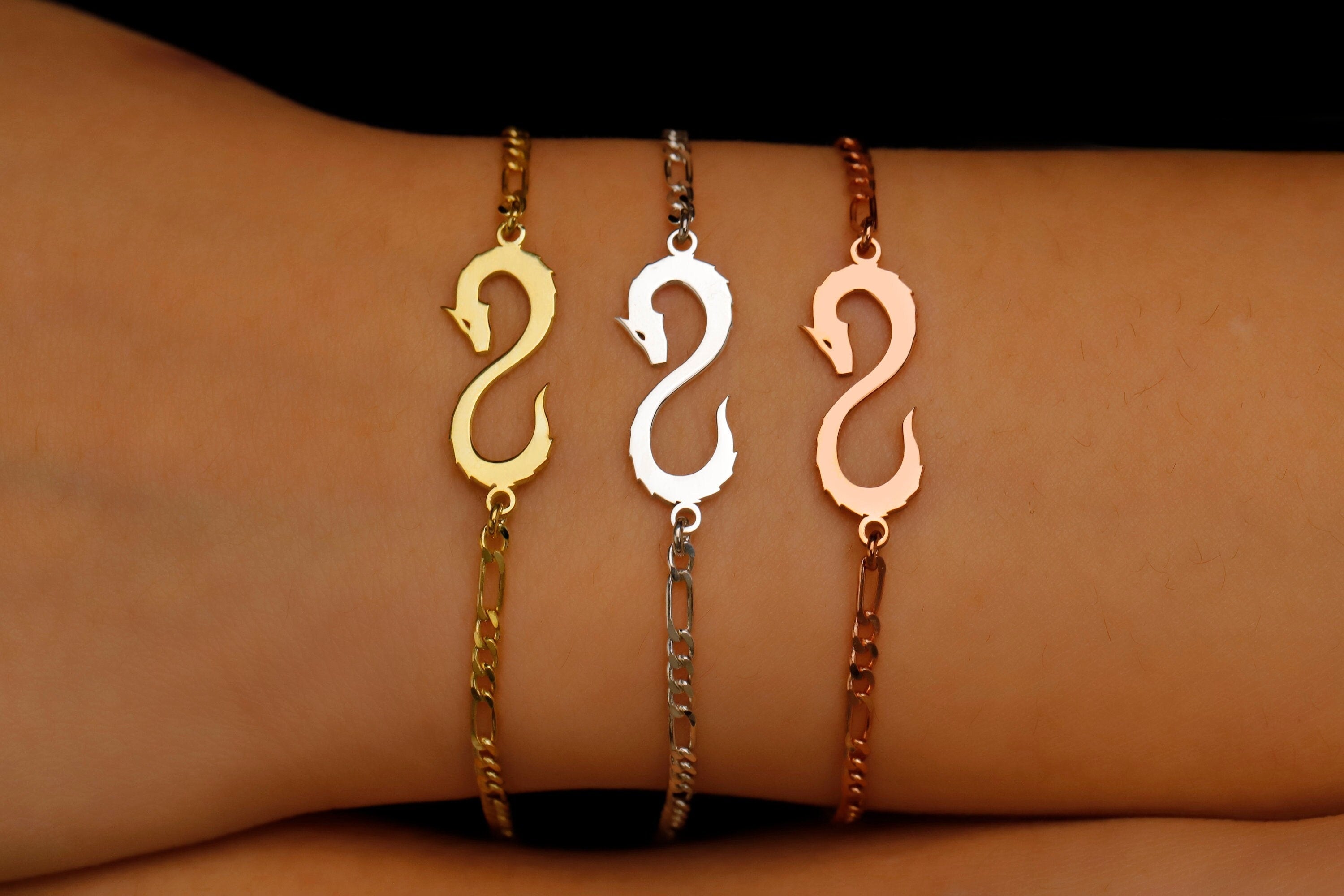14K Gold Dragon Bracelet - Sterling Silver Figaro Chain, Celebrate Your Zodiac Spirit
