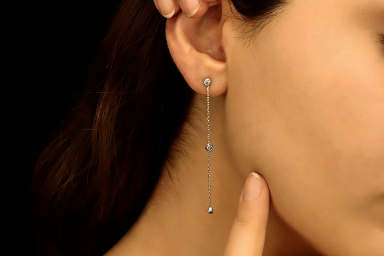Long Dangle Chain Earrings with Sparkling CZ Diamonds
