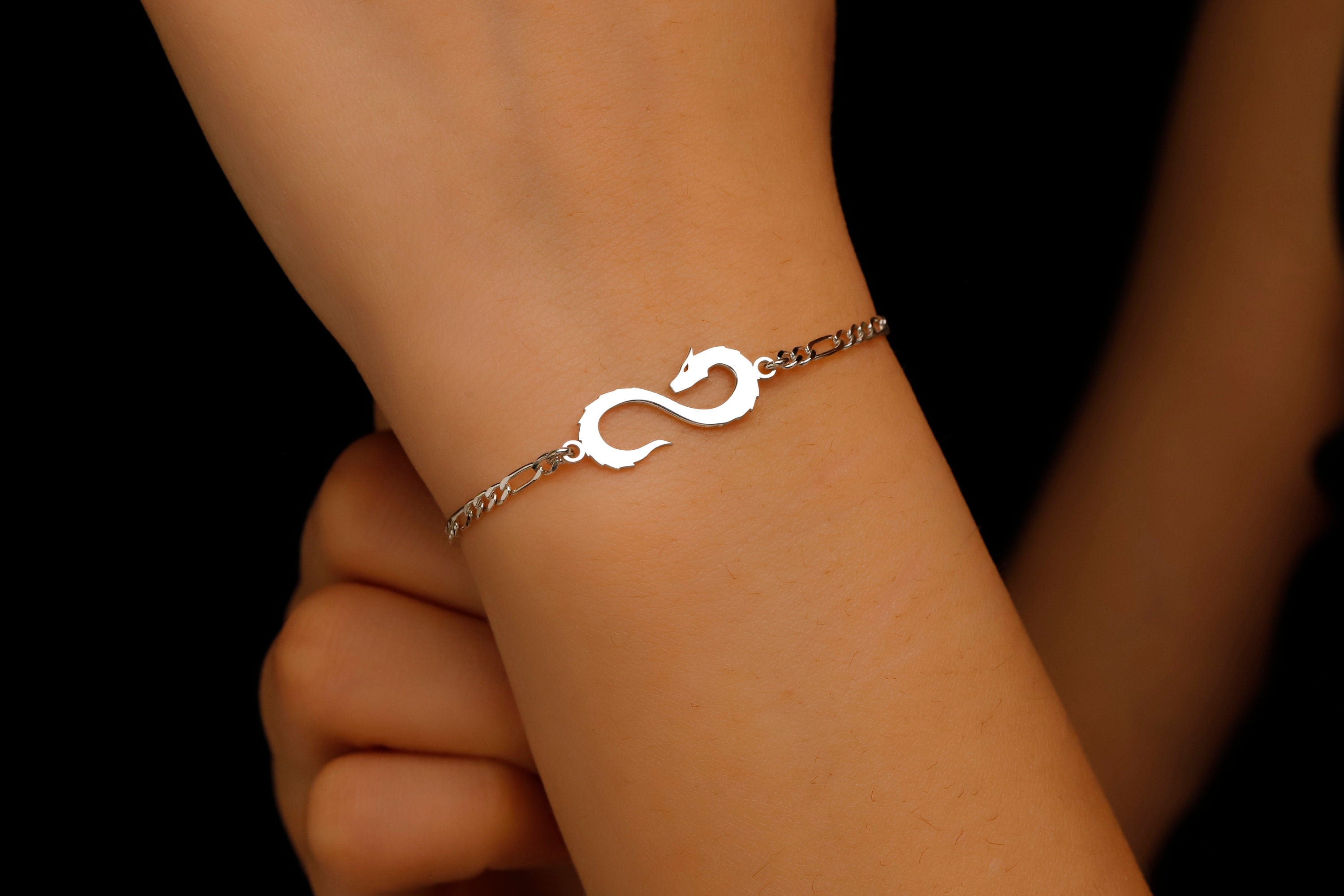 14K Gold Dragon Bracelet - Sterling Silver Figaro Chain, Celebrate Your Zodiac Spirit