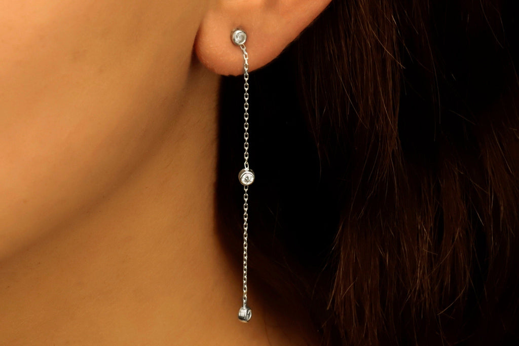 Long Dangle Chain Earrings with Sparkling CZ Diamonds