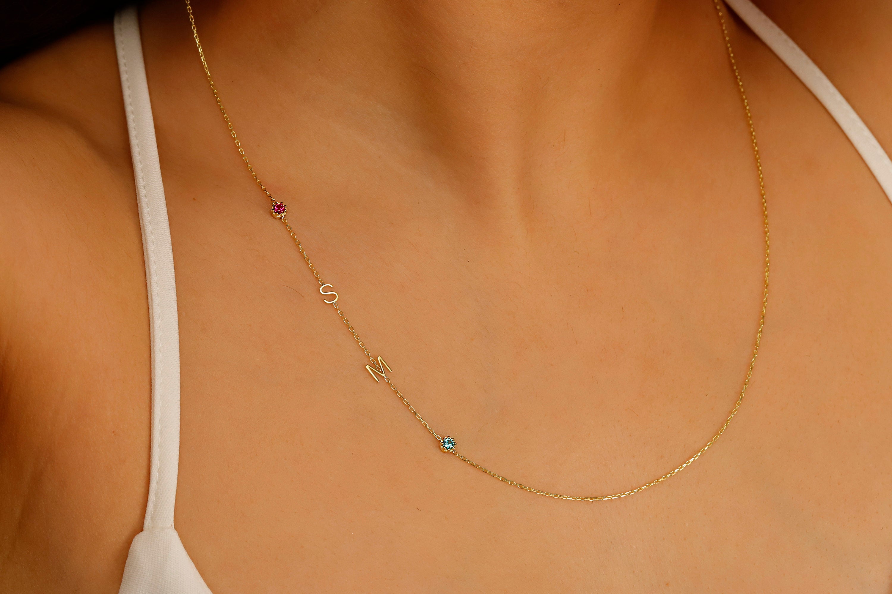 Gold Letter Birthstone Initial Necklace | Handmade Sideways Design | Unique Anniversary & Birthday Gift in Sterling Silver