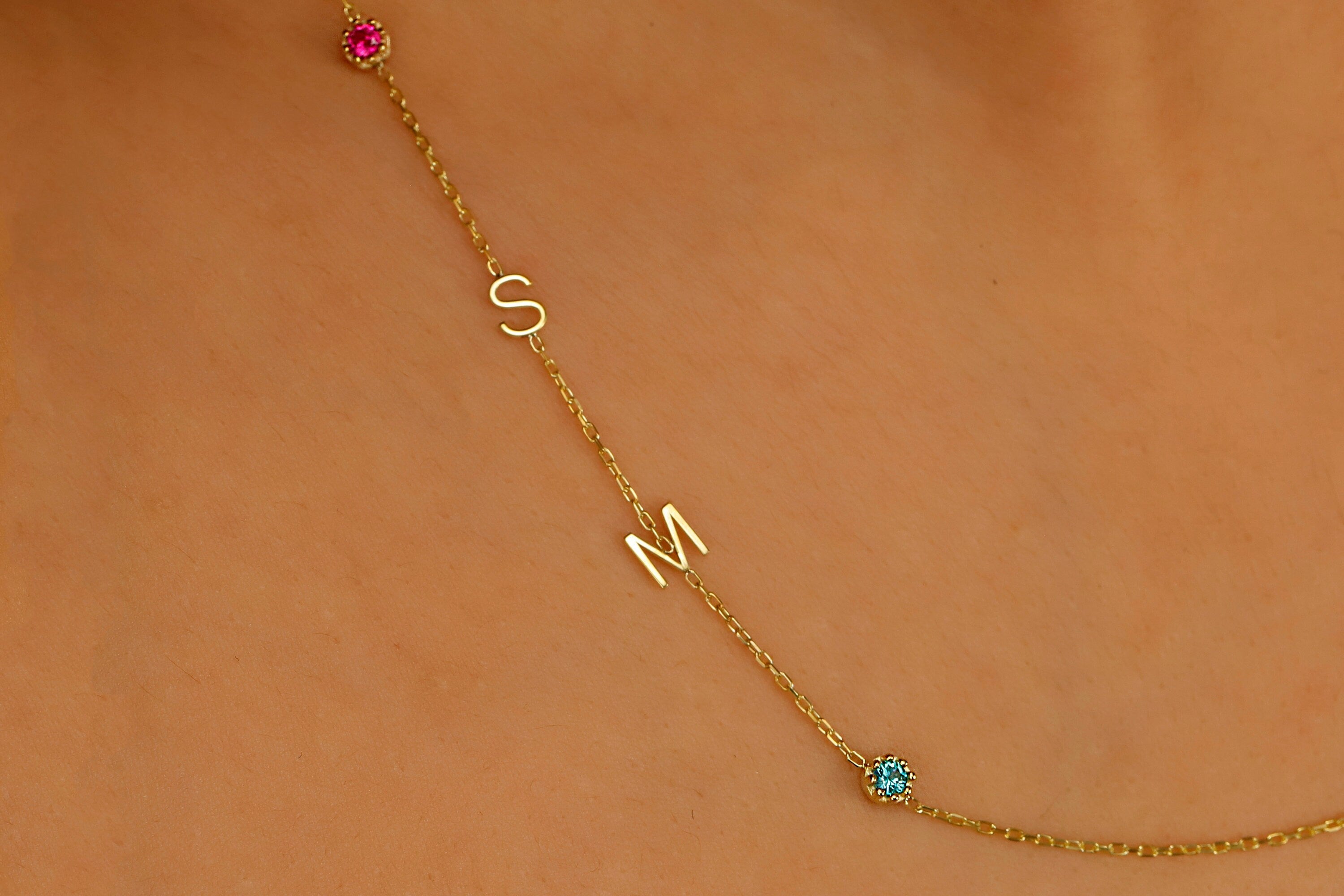 Gold Letter Birthstone Initial Necklace | Handmade Sideways Design | Unique Anniversary & Birthday Gift in Sterling Silver