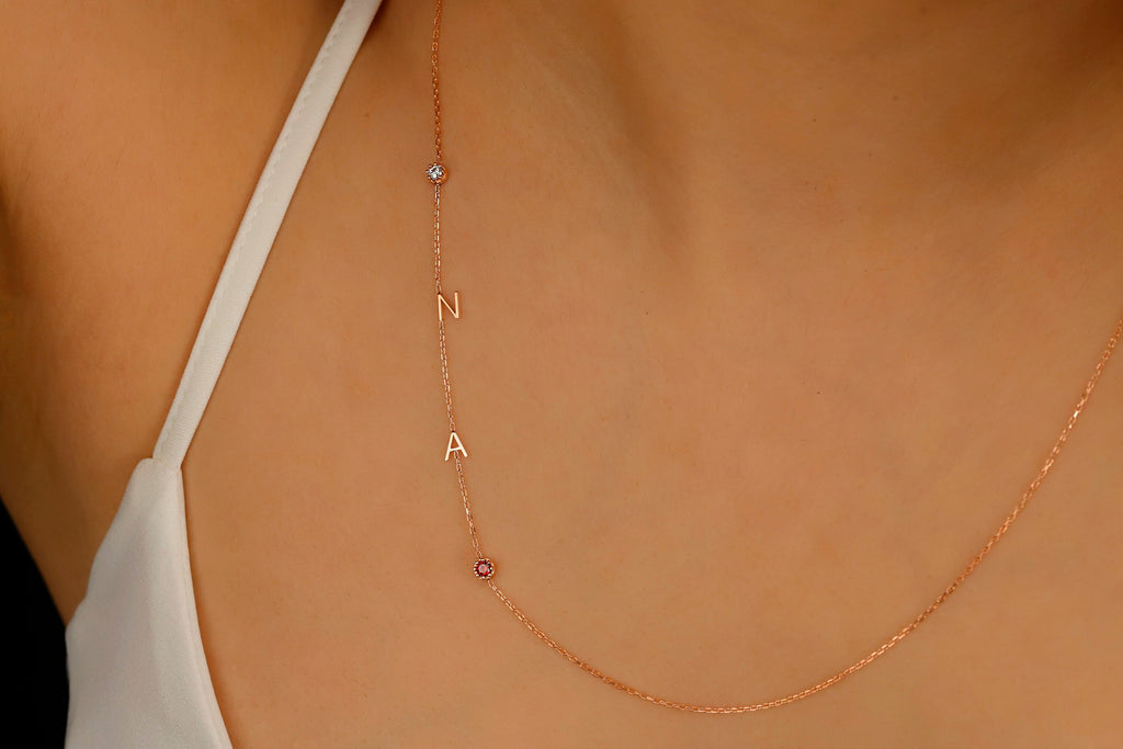 Gold Letter Birthstone Initial Necklace | Handmade Sideways Design | Unique Anniversary & Birthday Gift in Sterling Silver