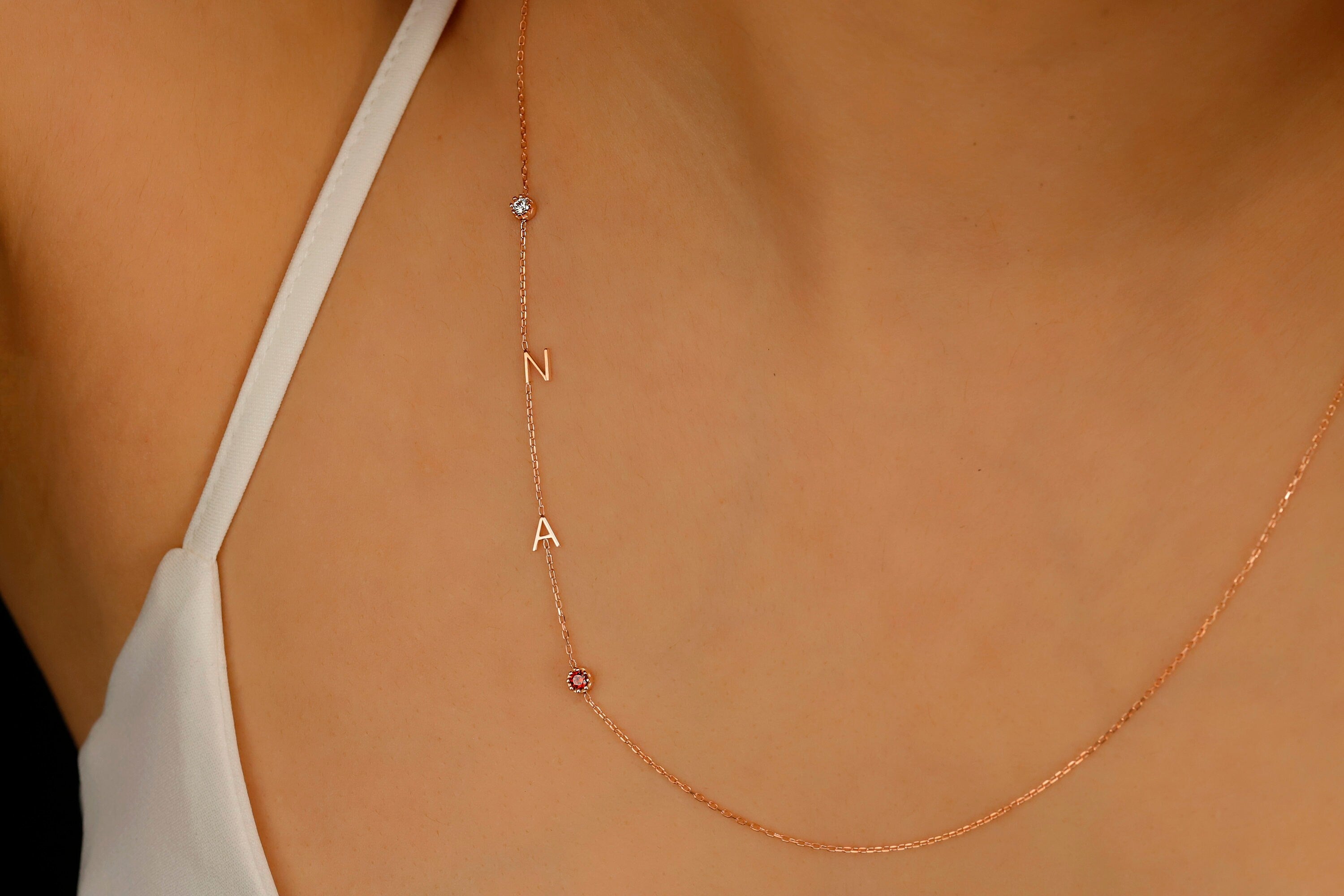 Gold Letter Birthstone Initial Necklace | Handmade Sideways Design | Unique Anniversary & Birthday Gift in Sterling Silver