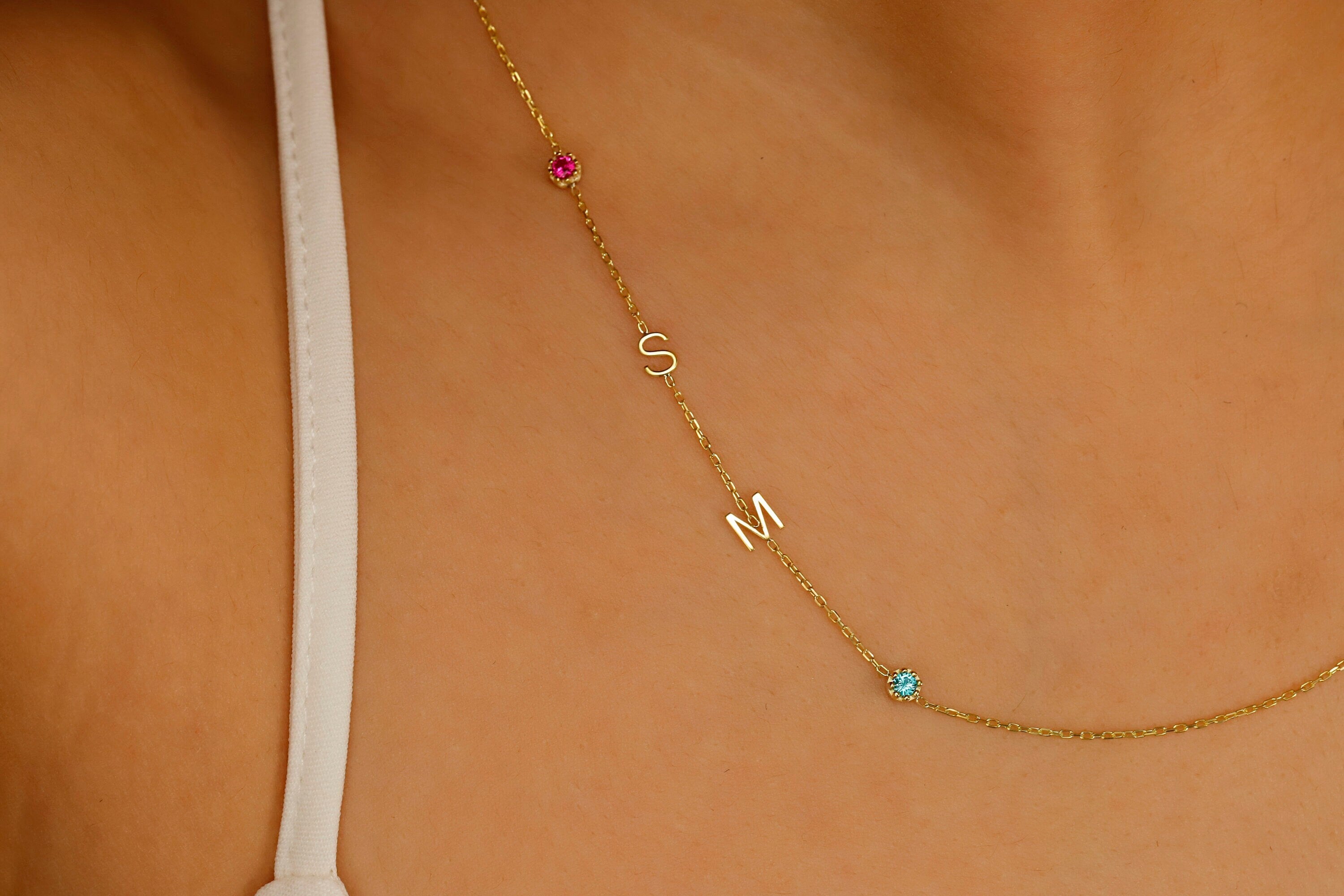 Gold Letter Birthstone Initial Necklace | Handmade Sideways Design | Unique Anniversary & Birthday Gift in Sterling Silver