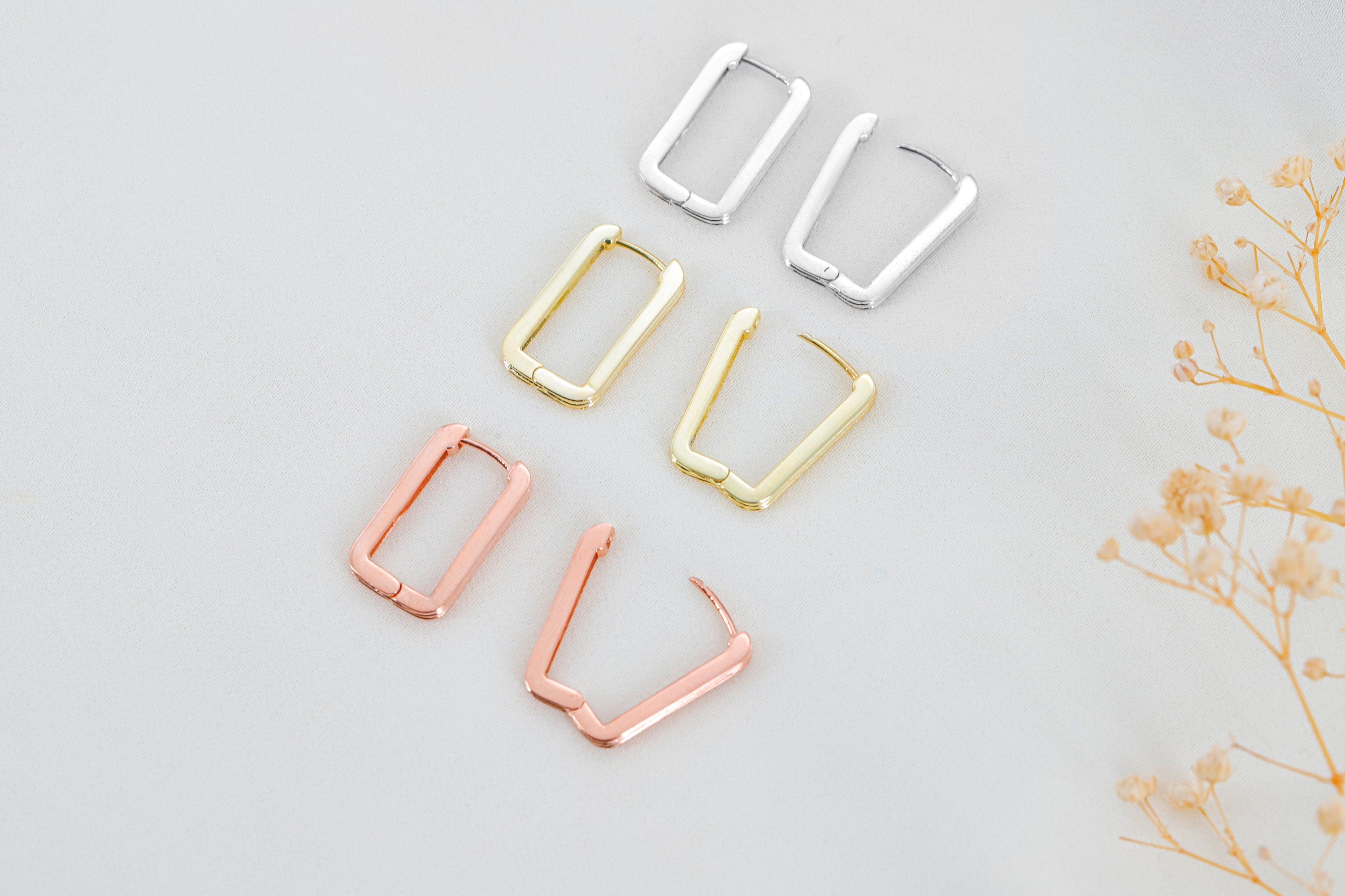 Silver Luxe Rectangle Link Huggie Hoop Earrings - Dazzling Sterling Silver Design