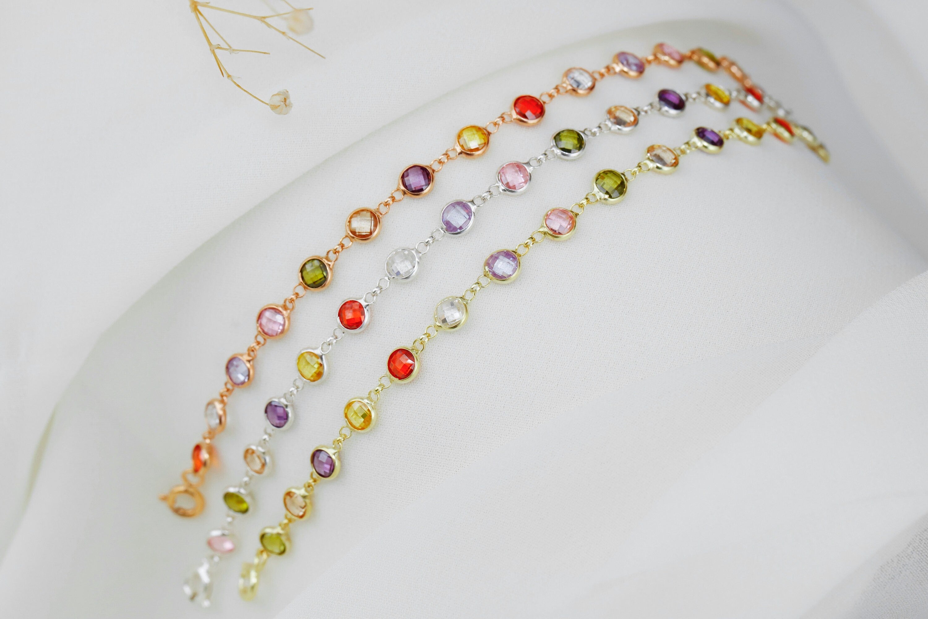 Rainbow Bliss Multi-Station Baguette Bracelet in 925 Sterling Silver