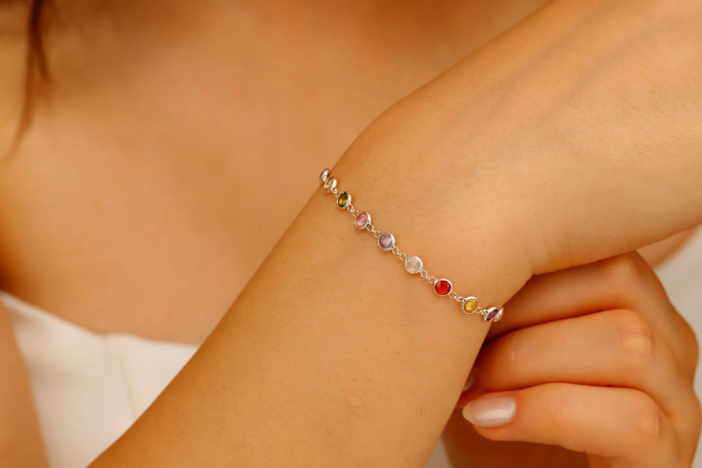Rainbow Bliss Multi-Station Baguette Bracelet in 925 Sterling Silver