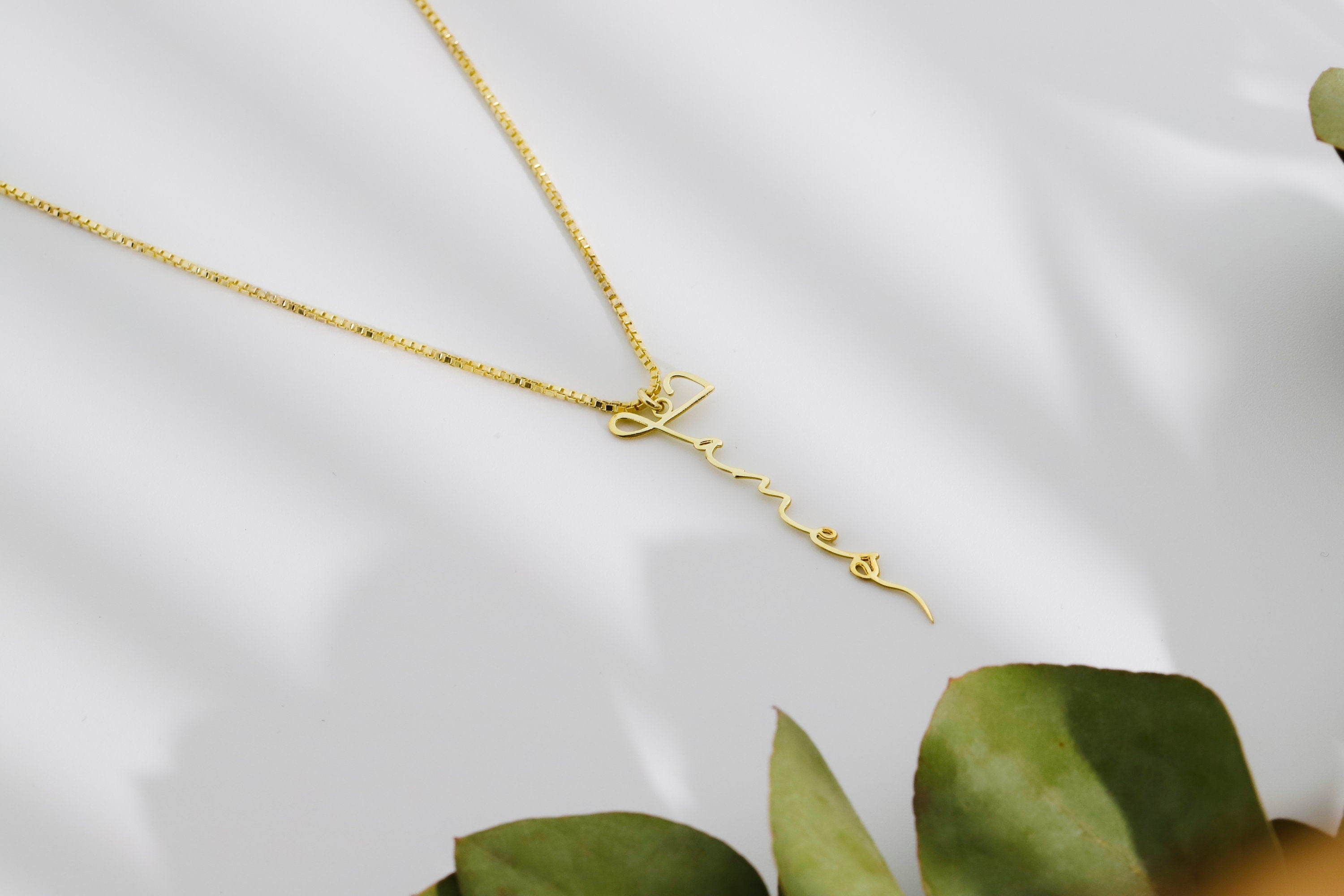 Custom Signature Gold Vermeil Vertical Name Necklace | Handwriting Script Design with Box & Snake Chain