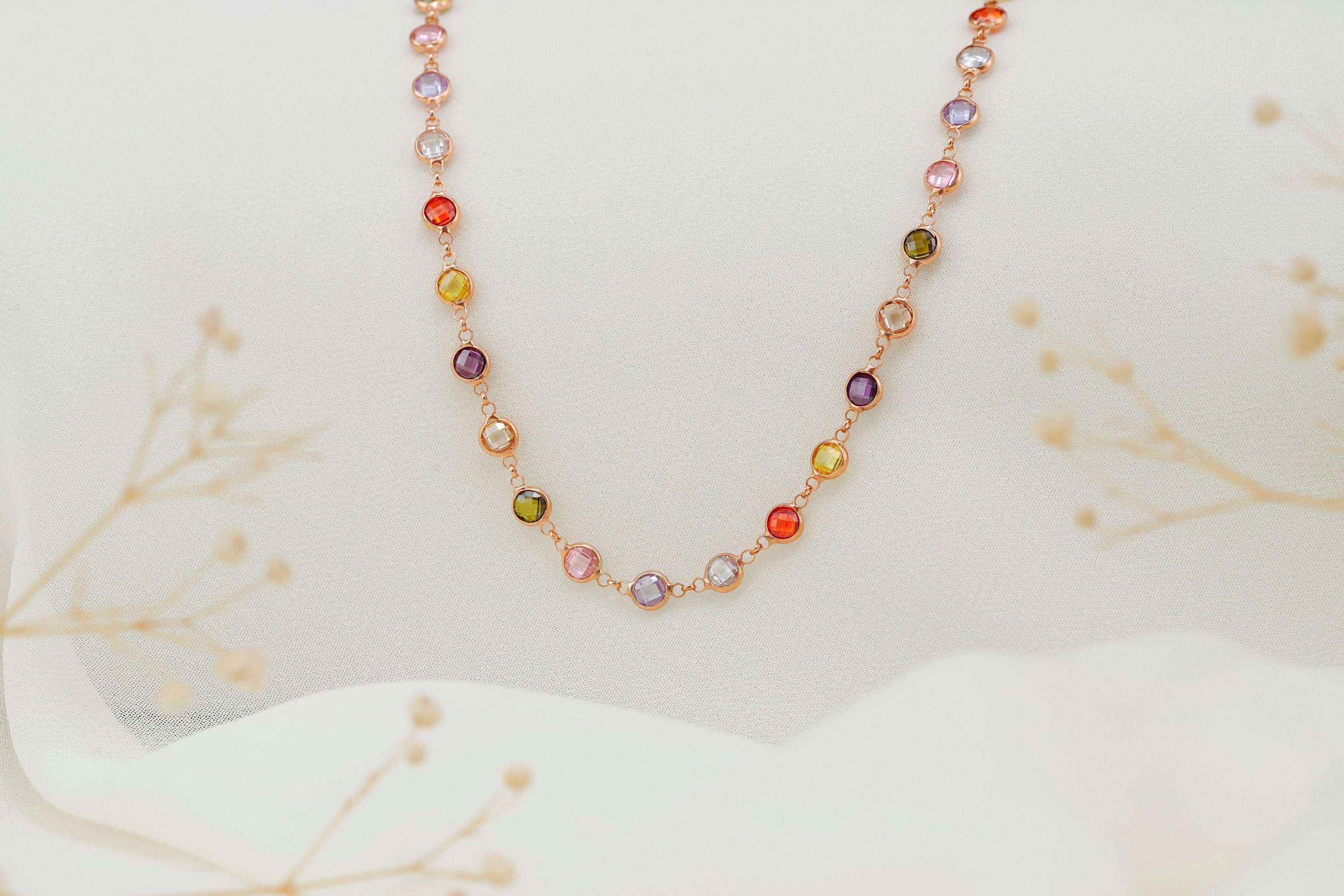 Gemstone Baguette Necklace - Multicolor Charm Jewelry