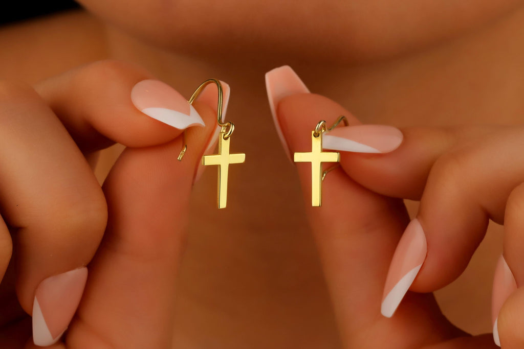 Shimmering 14k Gold Cross Earrings - Dazzling Faith-Inspired Elegance