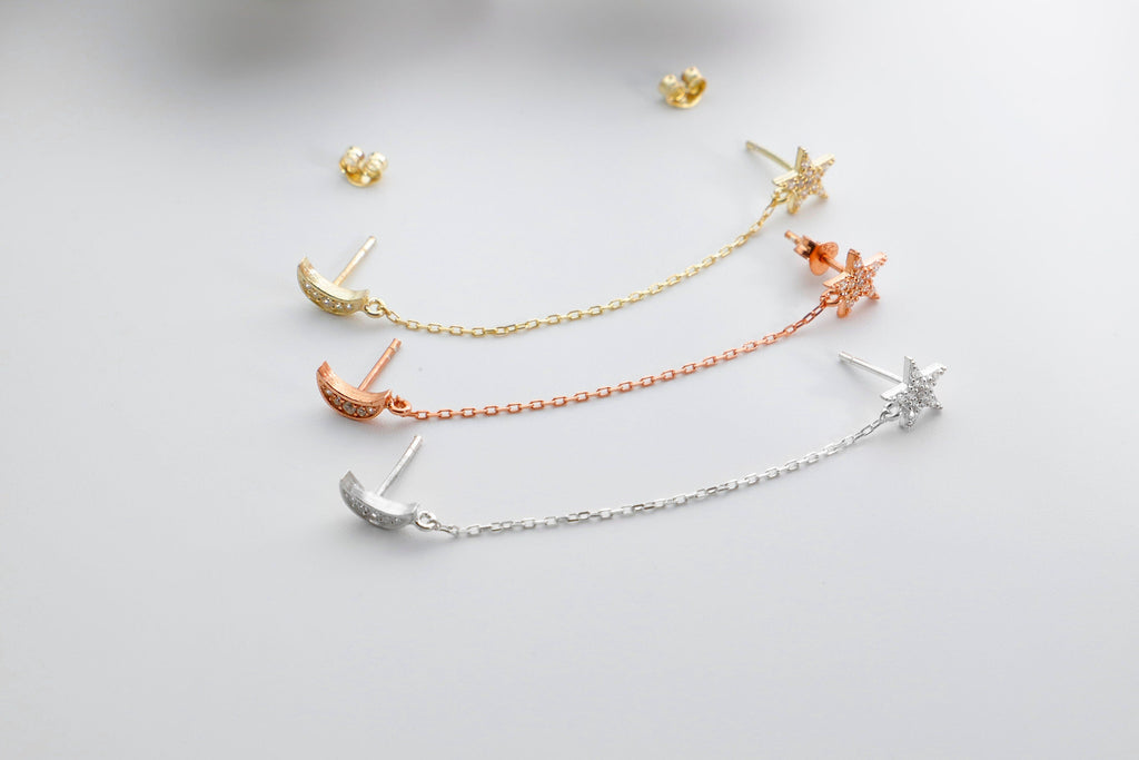 Aurora Jewelry Waterproof Gold Pave Star & Moon Earrings with Sparkling CZ Diamonds