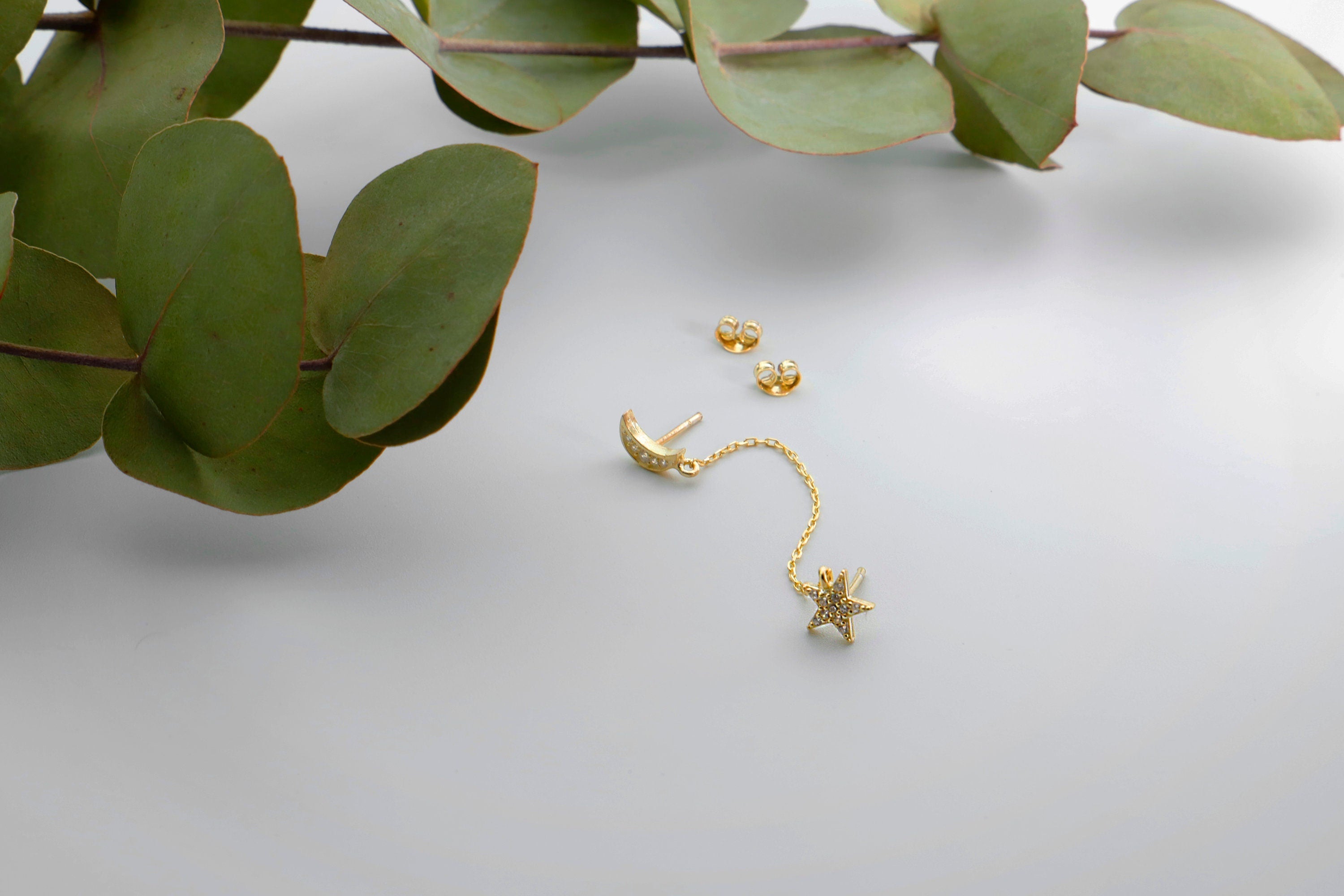 Aurora Jewelry Waterproof Gold Pave Star & Moon Earrings with Sparkling CZ Diamonds
