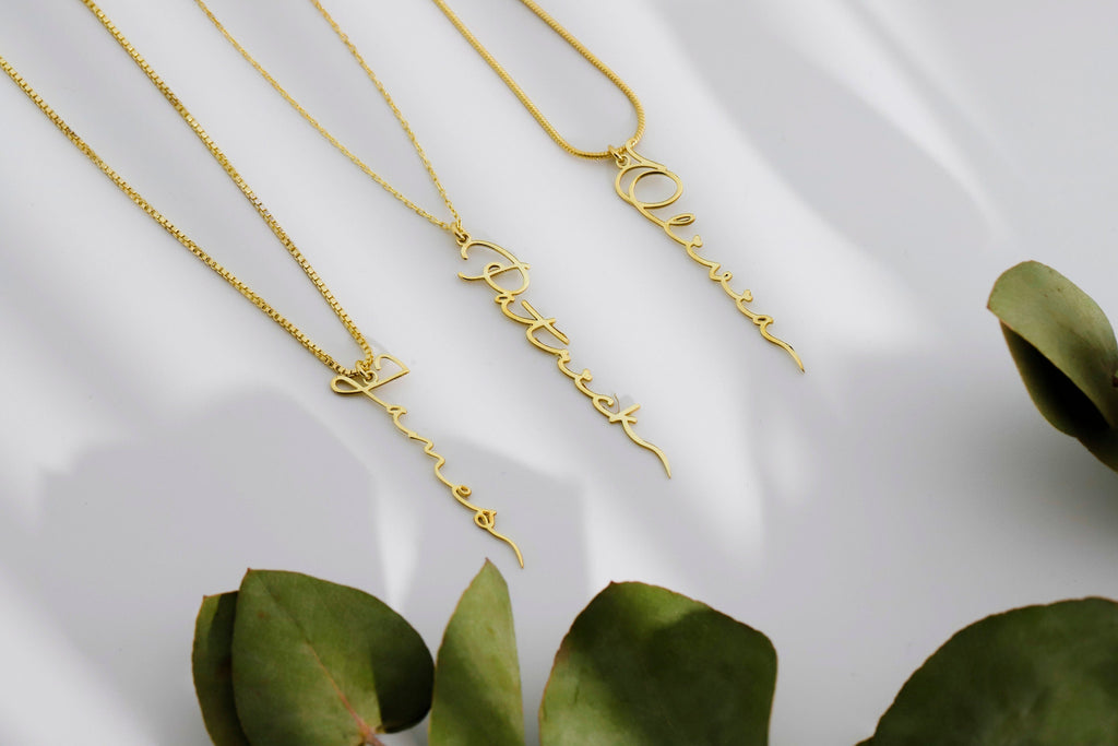 Custom Signature Gold Vermeil Vertical Name Necklace | Handwriting Script Design with Box & Snake Chain