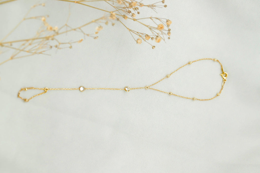 Glamour Gold Beaded Hand Chain Bracelet with Dazzling CZ Stone