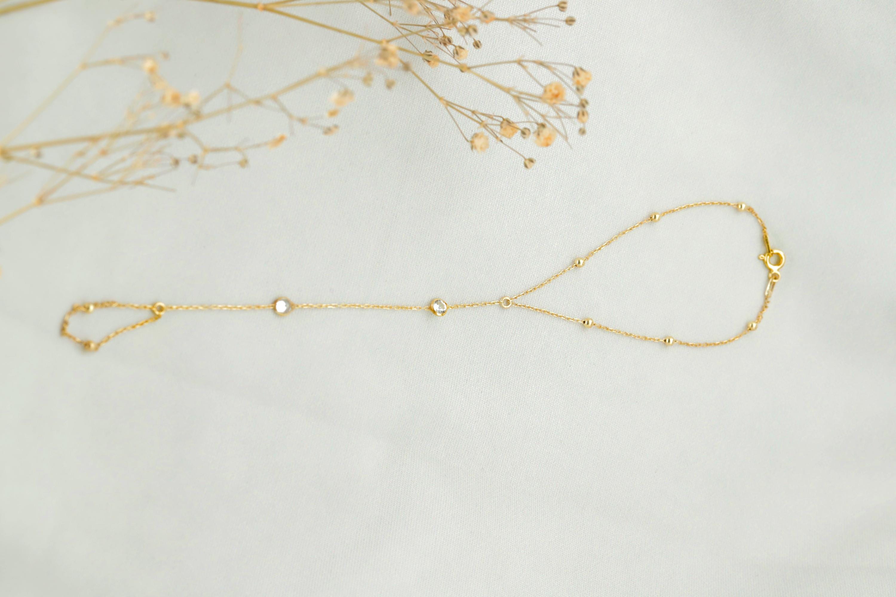Glamour Gold Beaded Hand Chain Bracelet with Dazzling CZ Stone