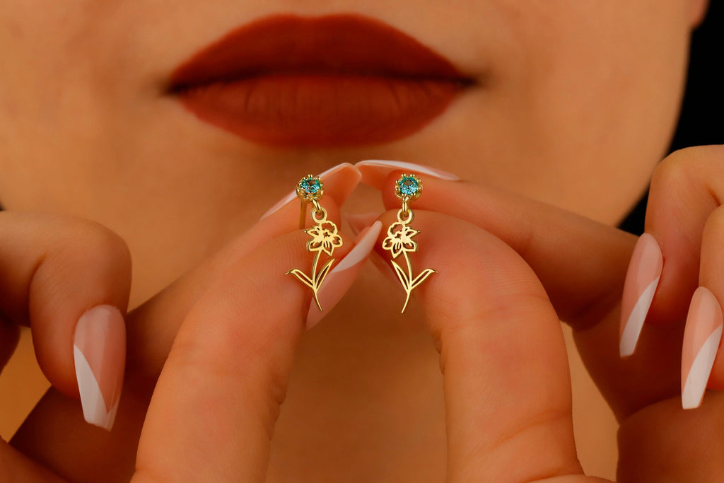 Personalized Birth Month Flower & Birthstone Dangle Earrings