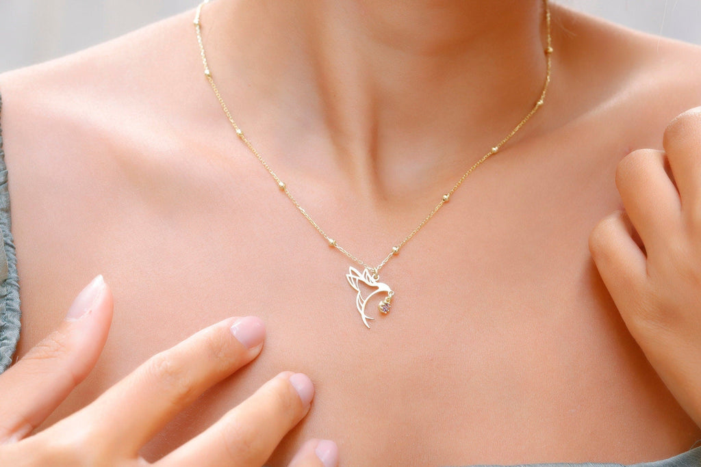 SilverGoldandRose Hummingbird Birthstone Necklace • Gold Bird Jewelry with Beaded Chain for Good Luck & Love