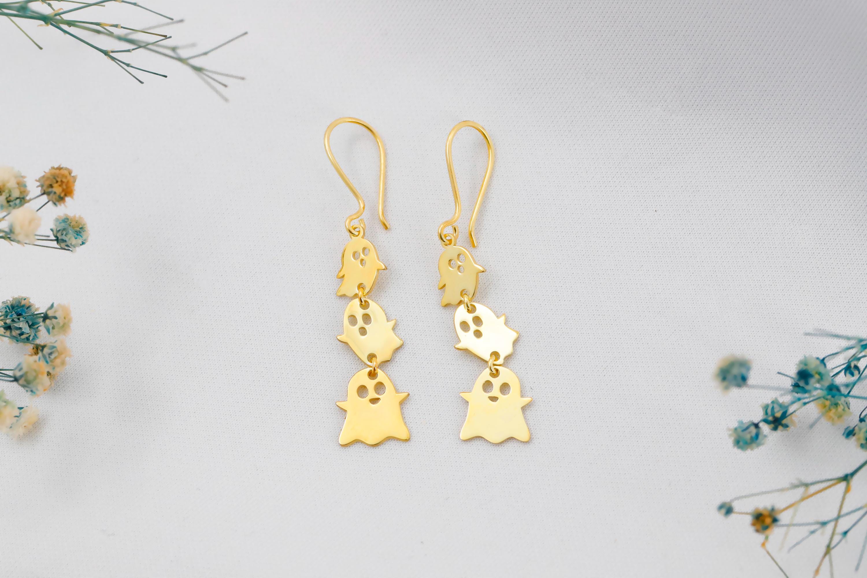 Ghostly Elegance: Sterling Silver Dangle Earrings with 18K Gold Vermeil, Perfect Halloween Accessory