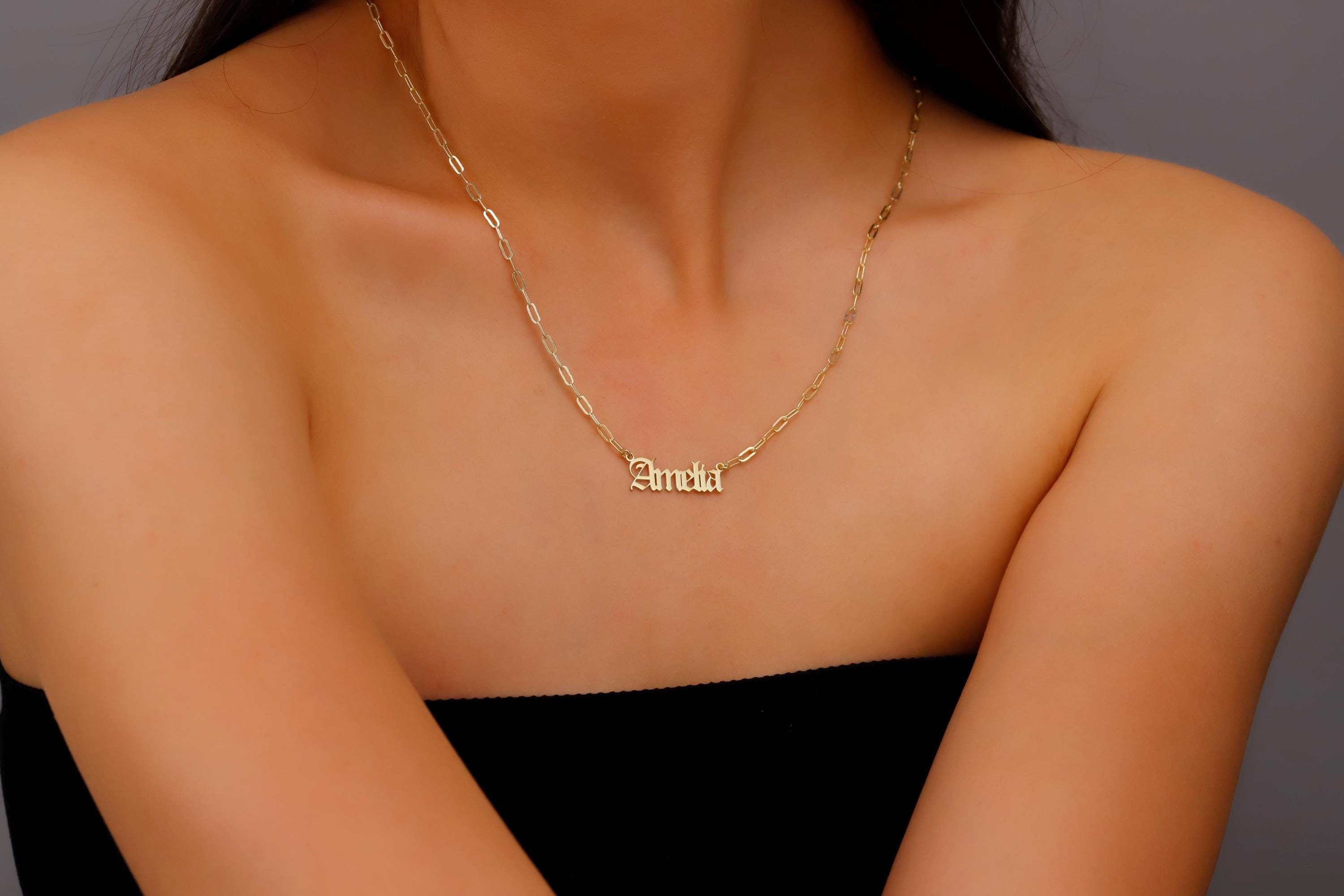 Dainty Old English Name Necklace with Link Chain - Personalized Silver or Gold Jewelry