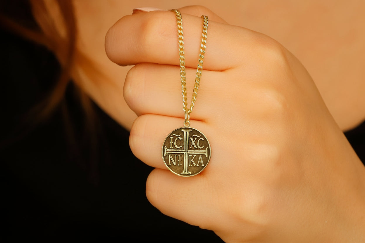 Eastern Orthodox Cross Necklace | Engraved Disc with IC XC NIKA Charm
