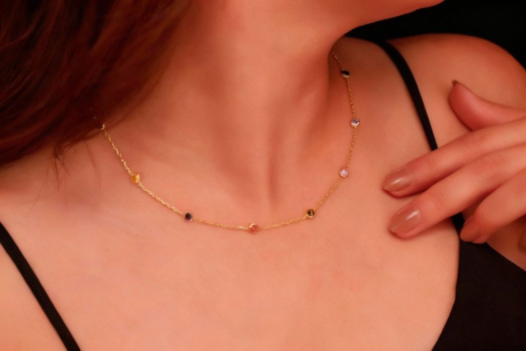 Dainty Rainbow Crystal Gemstone Necklace in 925 Sterling Silver, Gold, and Rose