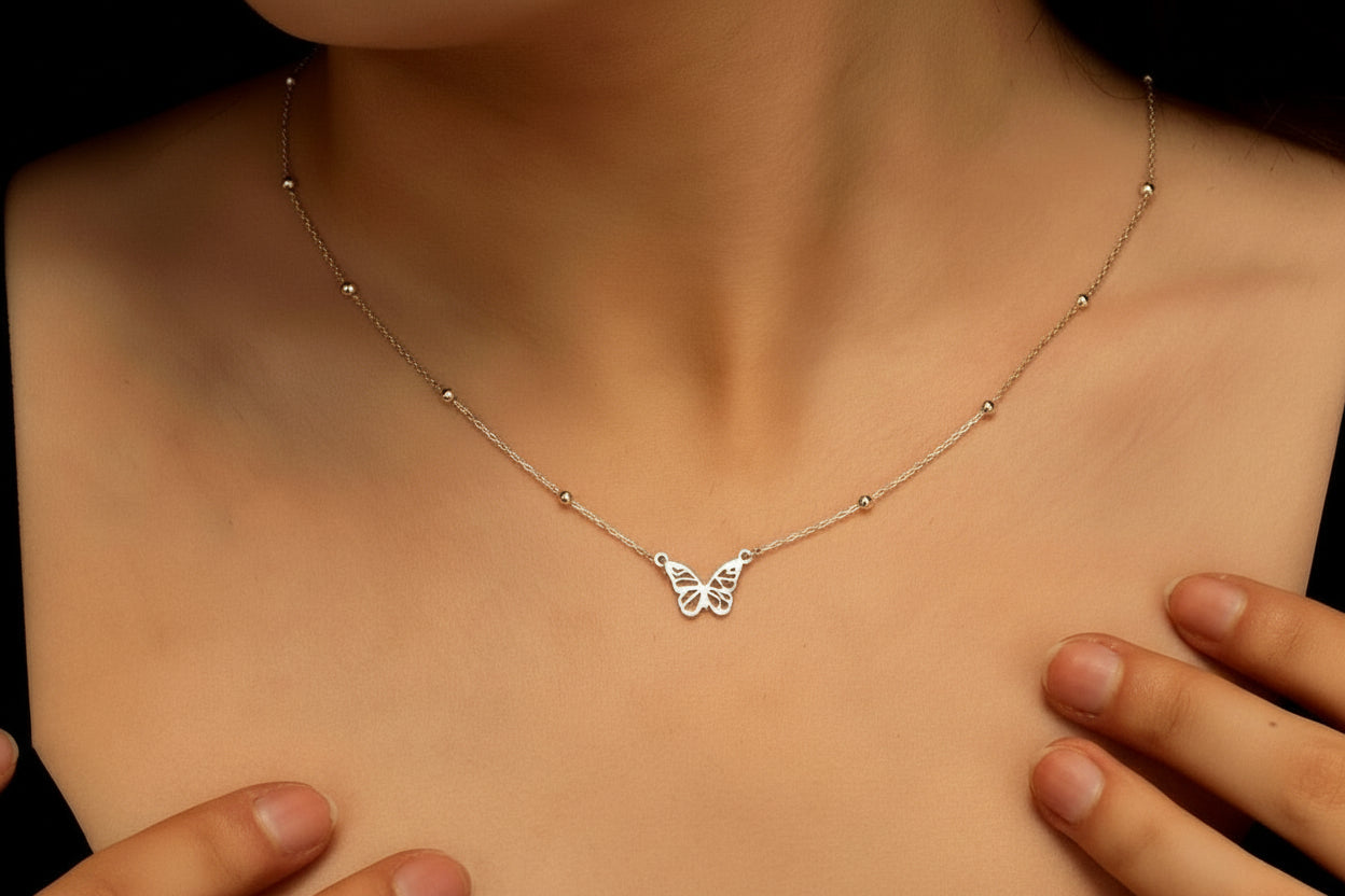 Symbol of Change Butterfly Necklace | Tiny Gold Pendant with Beaded Chain | Minimalist Gift for Her
