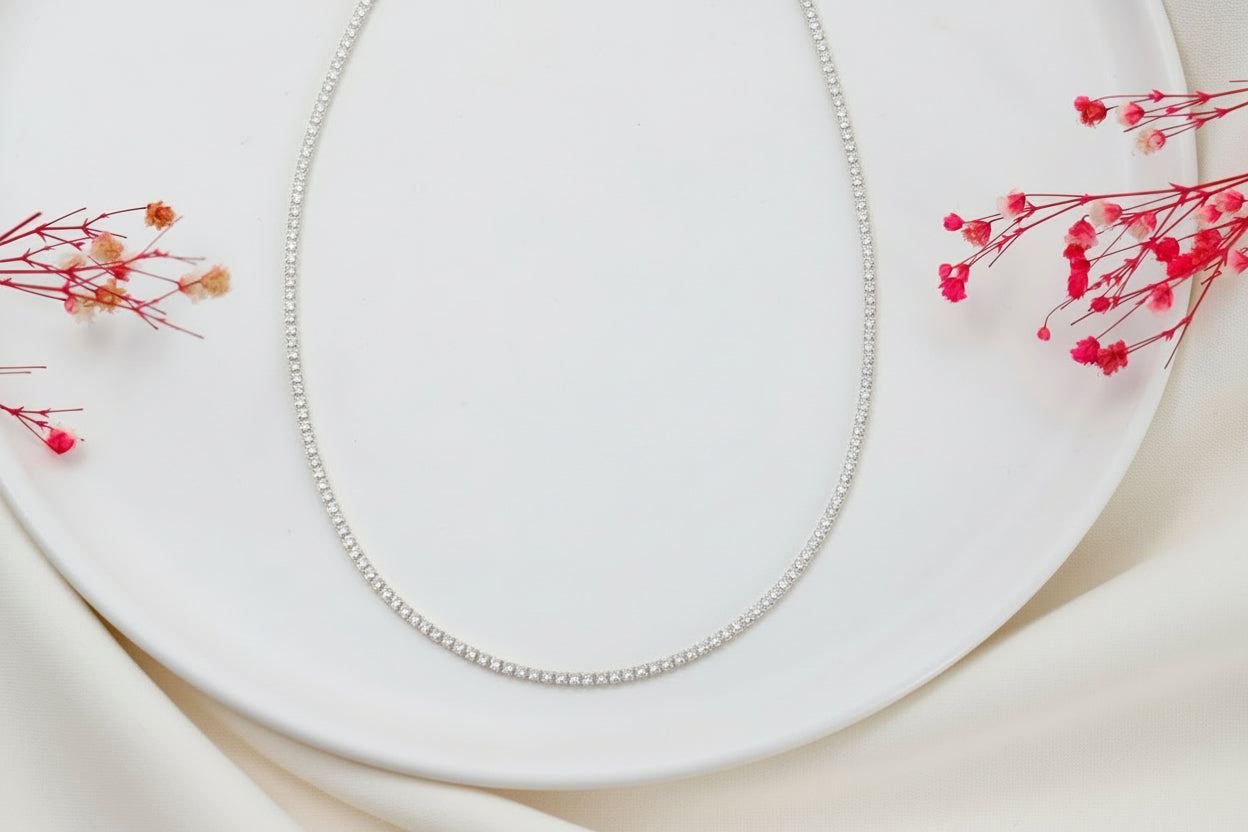 Diamond Tennis Choker Necklace in 925 Sterling Silver