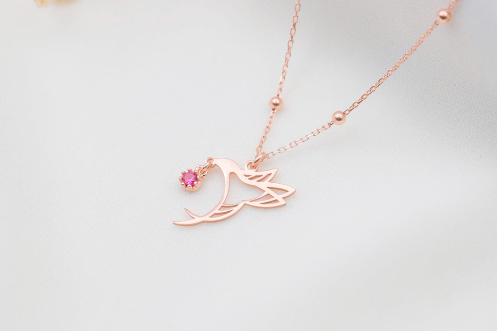 SilverGoldandRose Hummingbird Birthstone Necklace • Gold Bird Jewelry with Beaded Chain for Good Luck & Love